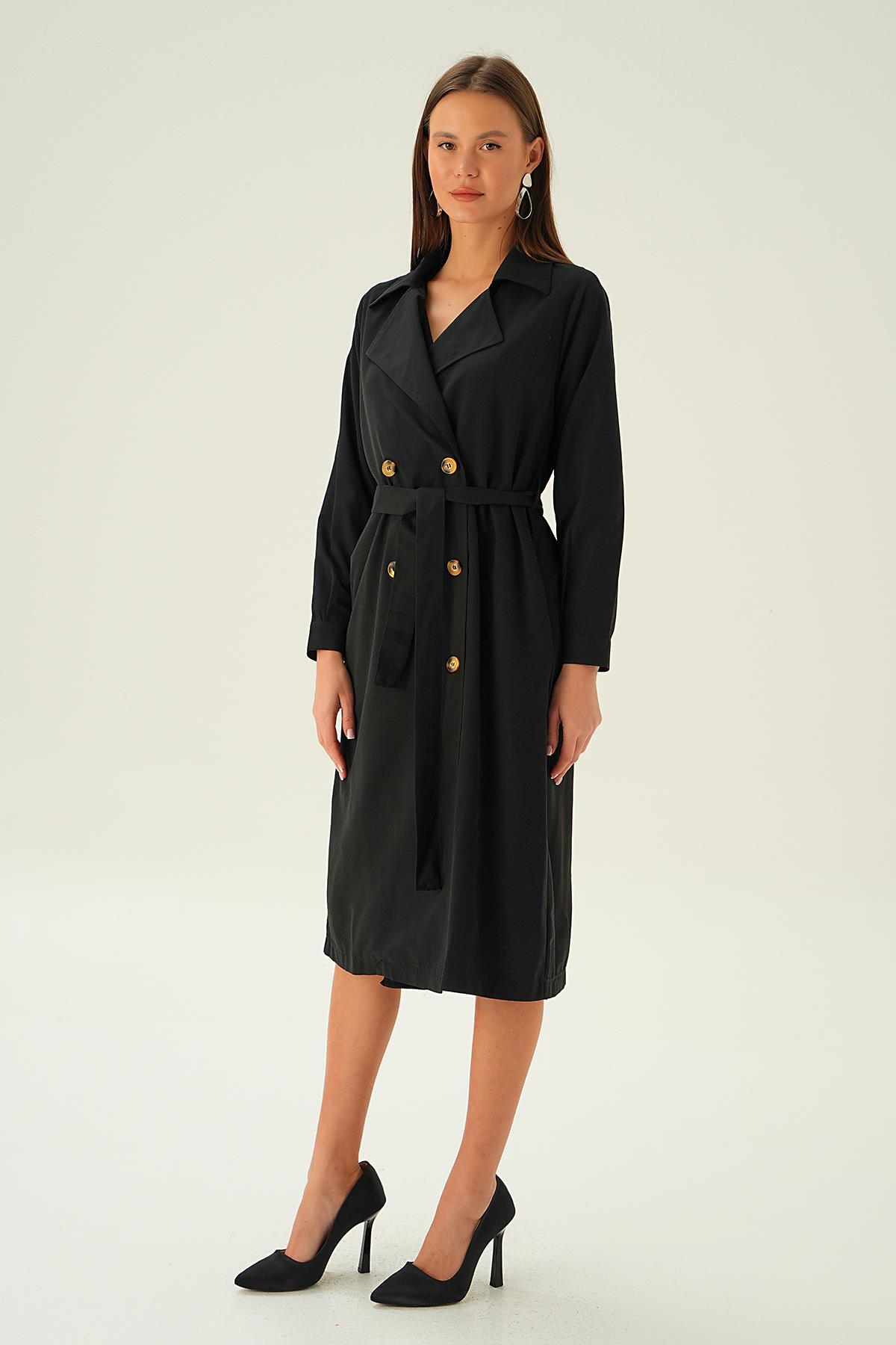 4102A Kemer Detay Düğmeli Trençkot Siyah - 4