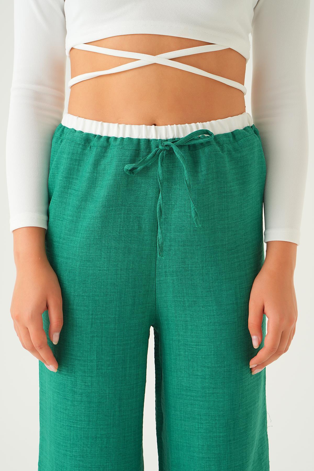Benetton Yeşili Bel Bağcık Detay Pantolon 4106A - 3