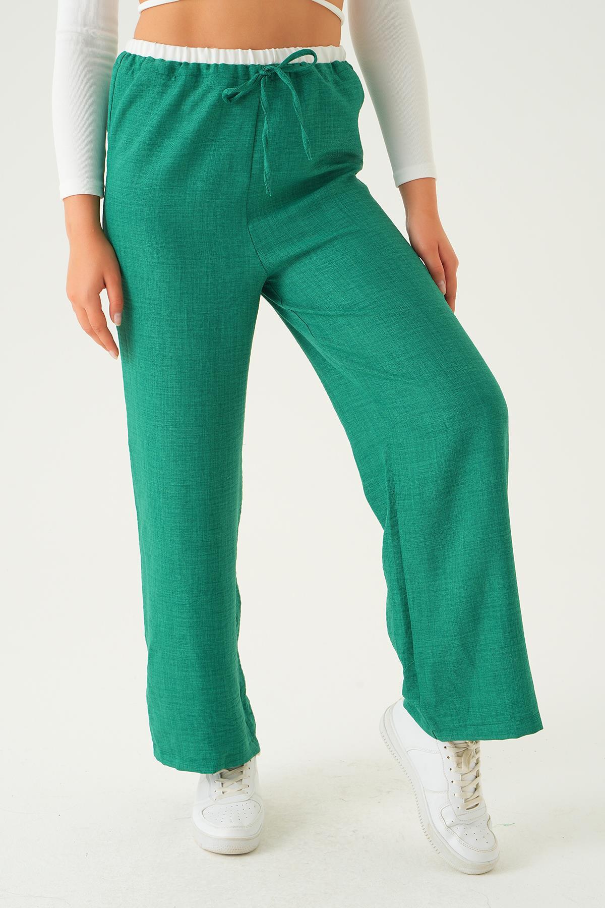 Benetton Yeşili Bel Bağcık Detay Pantolon 4106A - 5