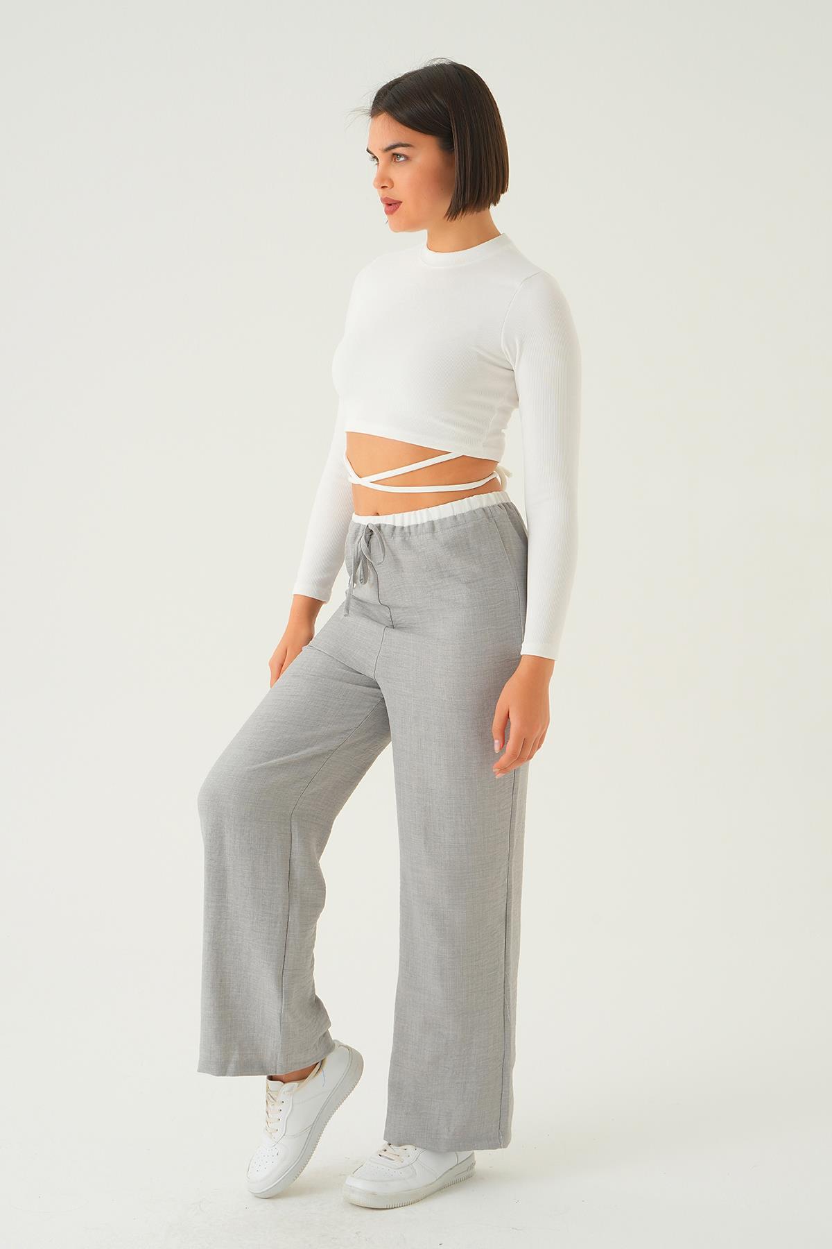 4106 Bel Bağcık Detay Pantolon Gri - 2