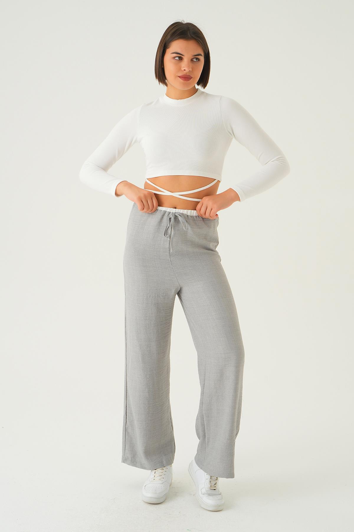 Gri Bel Bağcık Detay Pantolon 4106A 