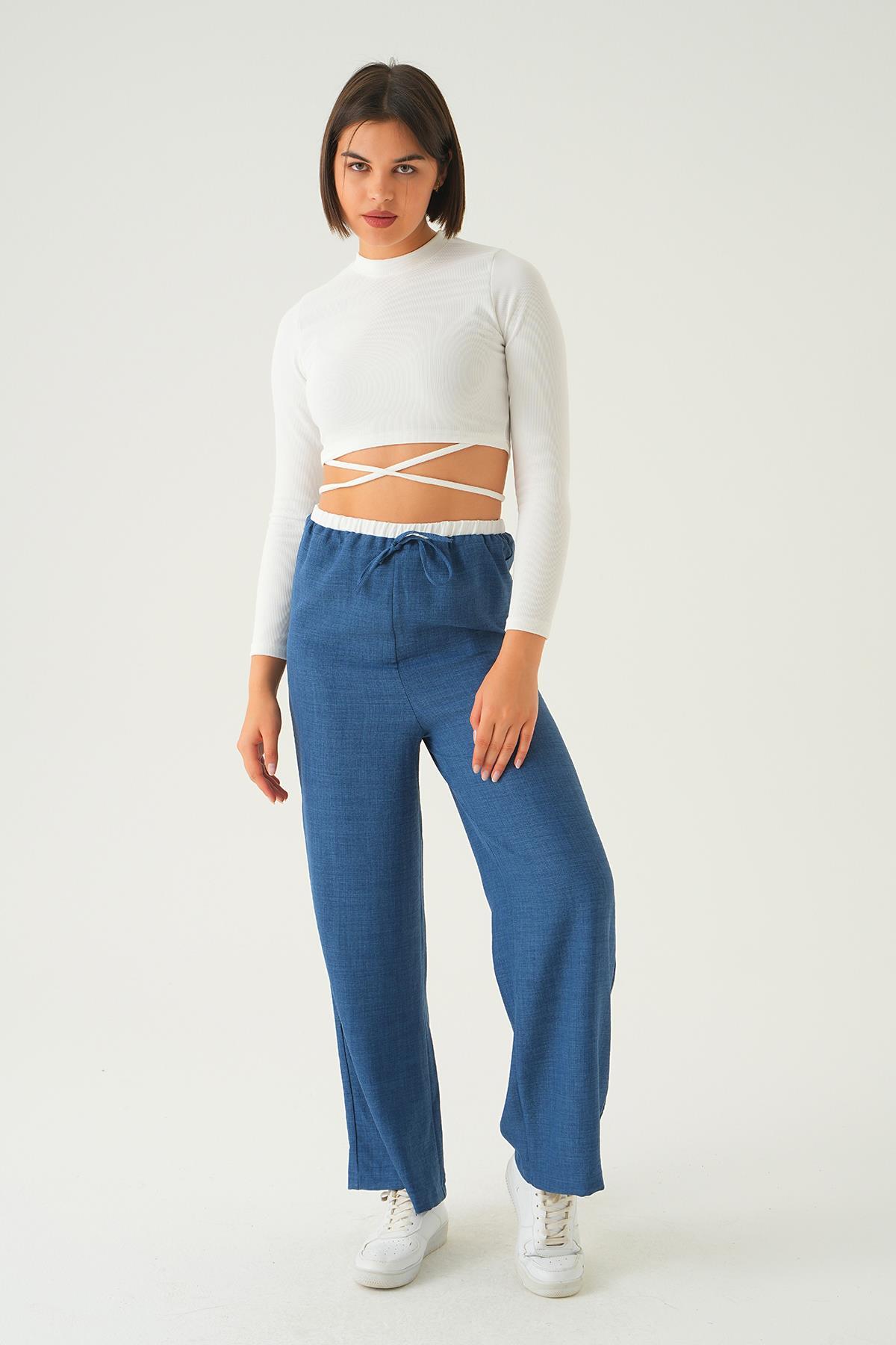 İndigo Bel Bağcık Detay Pantolon 4106A - 1