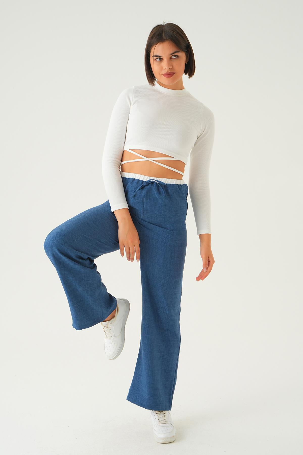 İndigo Bel Bağcık Detay Pantolon 4106A - 6