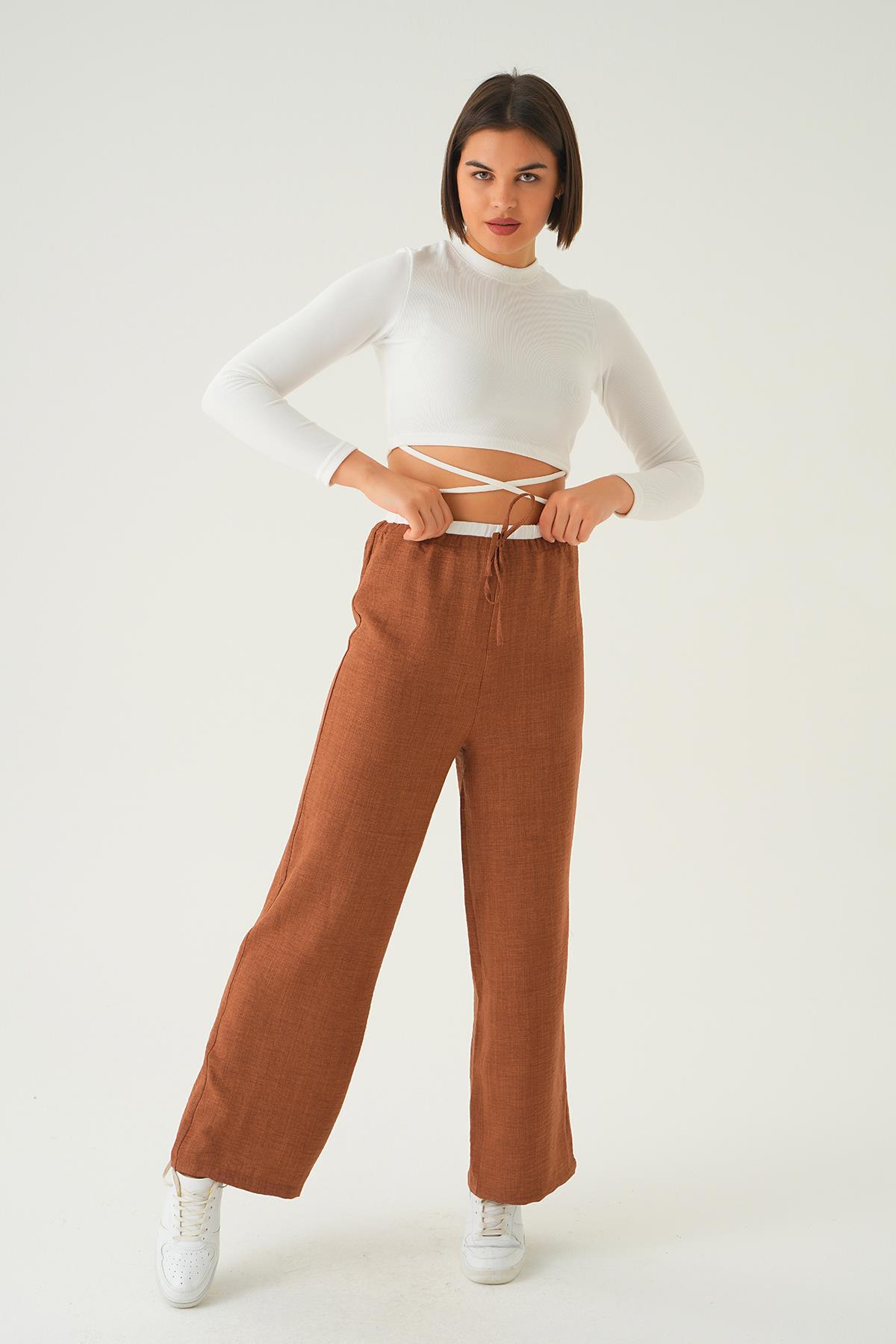 Kahve Bel Bağcık Detay Pantolon 4106A - 1