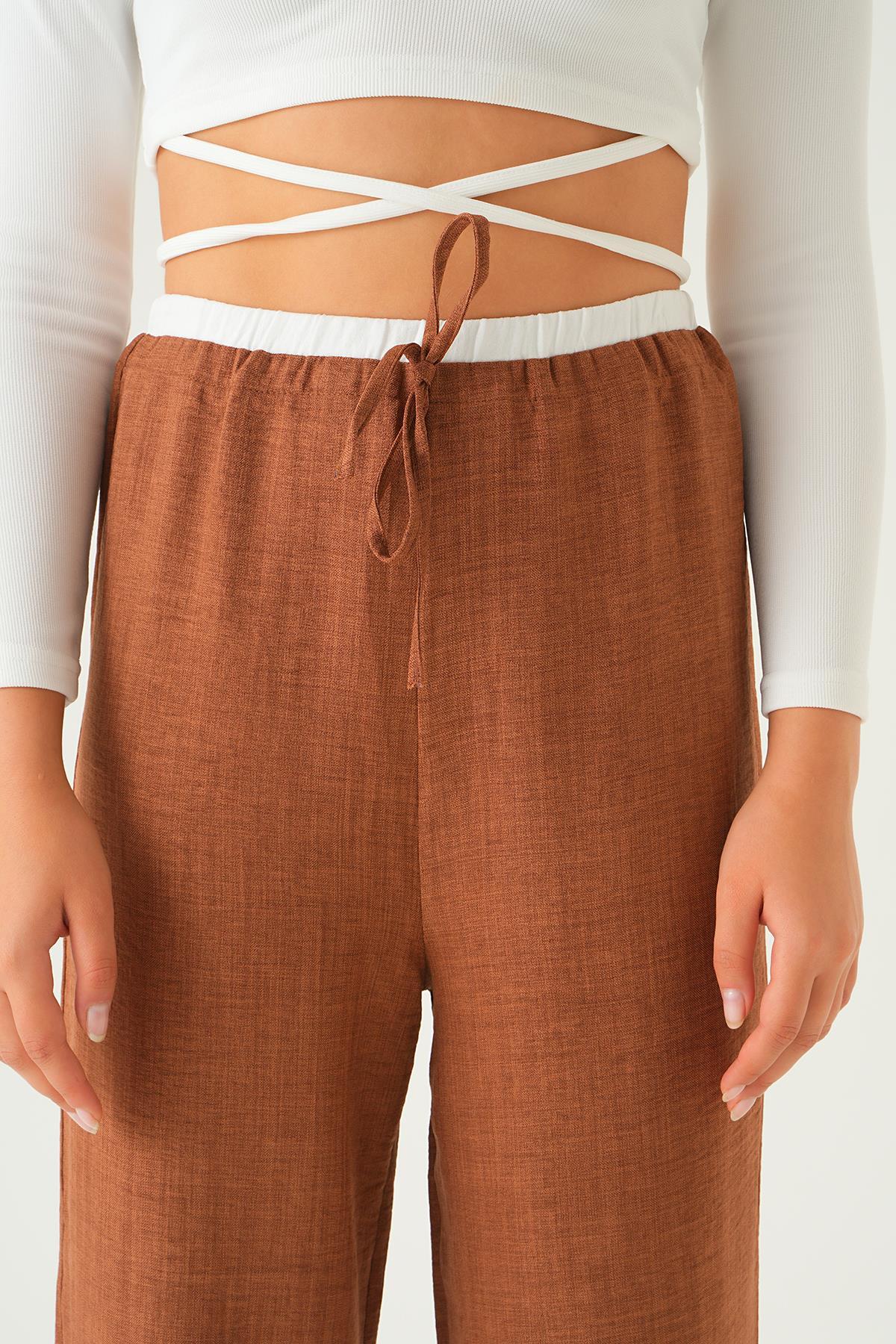 Kahve Bel Bağcık Detay Pantolon 4106A - 3