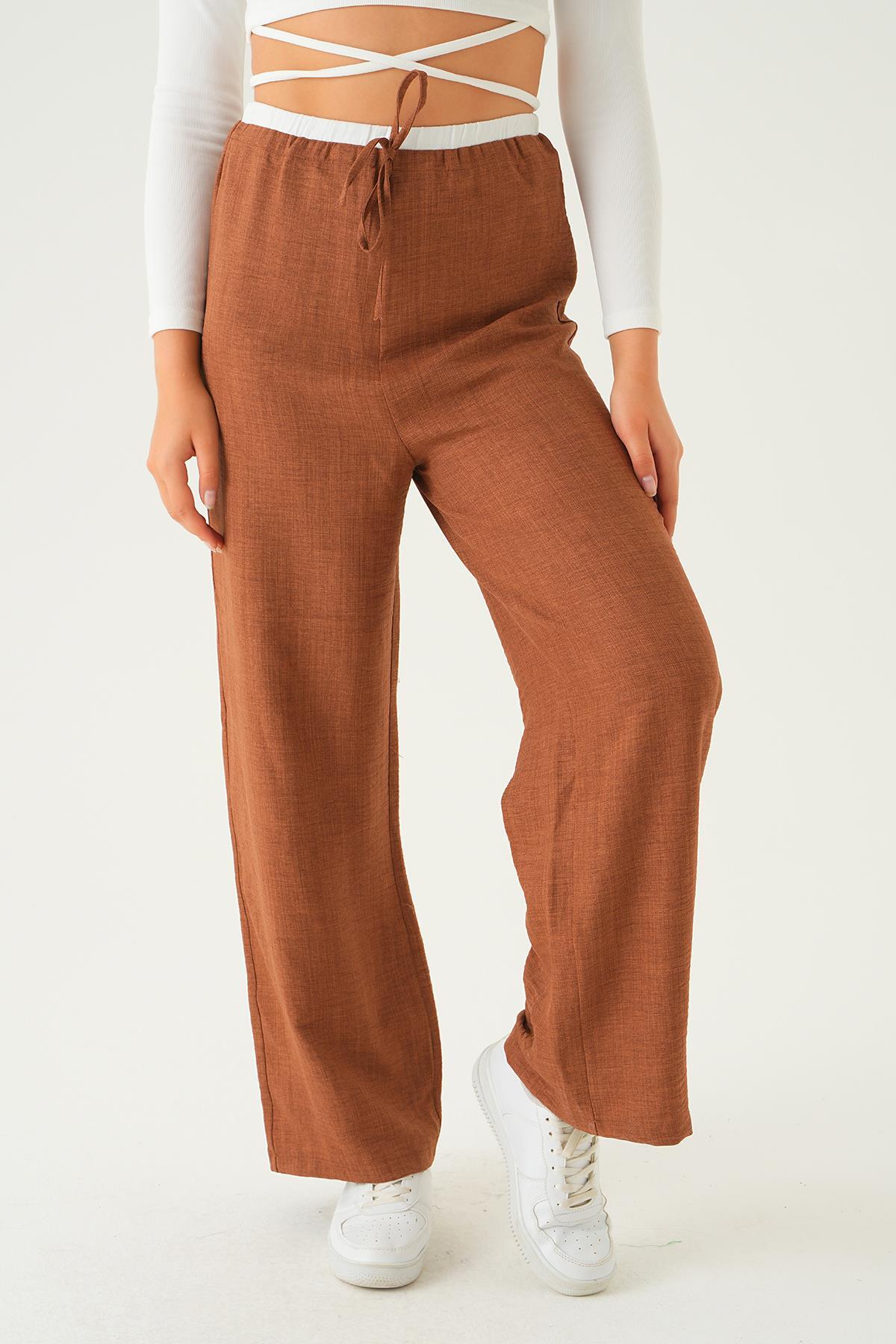 Kahve Bel Bağcık Detay Pantolon 4106A - 4