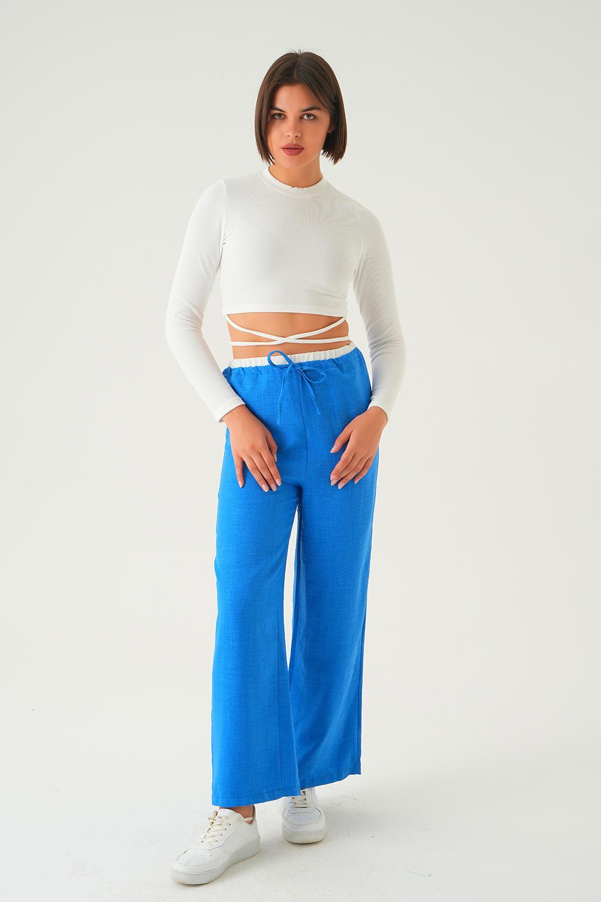 4106 Bel Bağcık Detay Pantolon Mavi 
