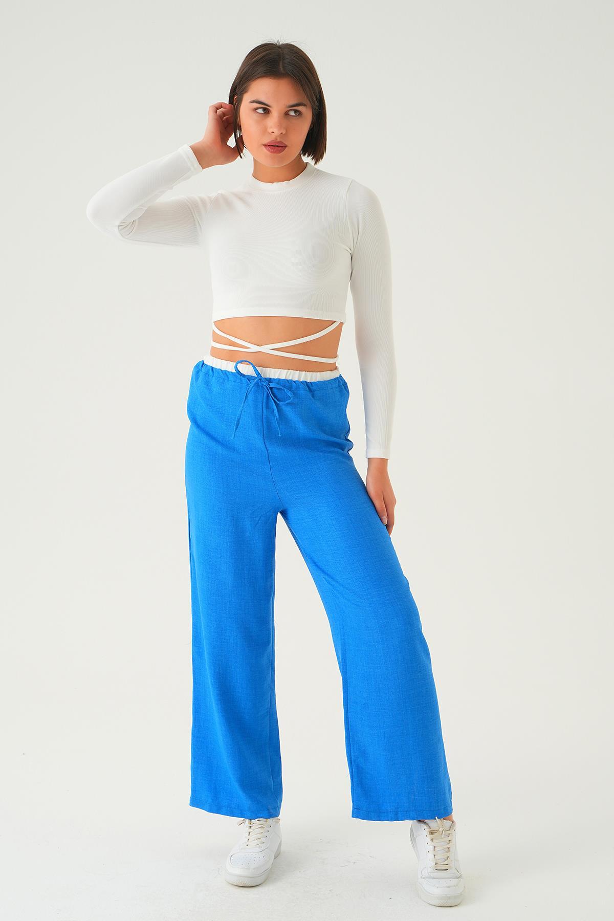 4106 Bel Bağcık Detay Pantolon Mavi - 2