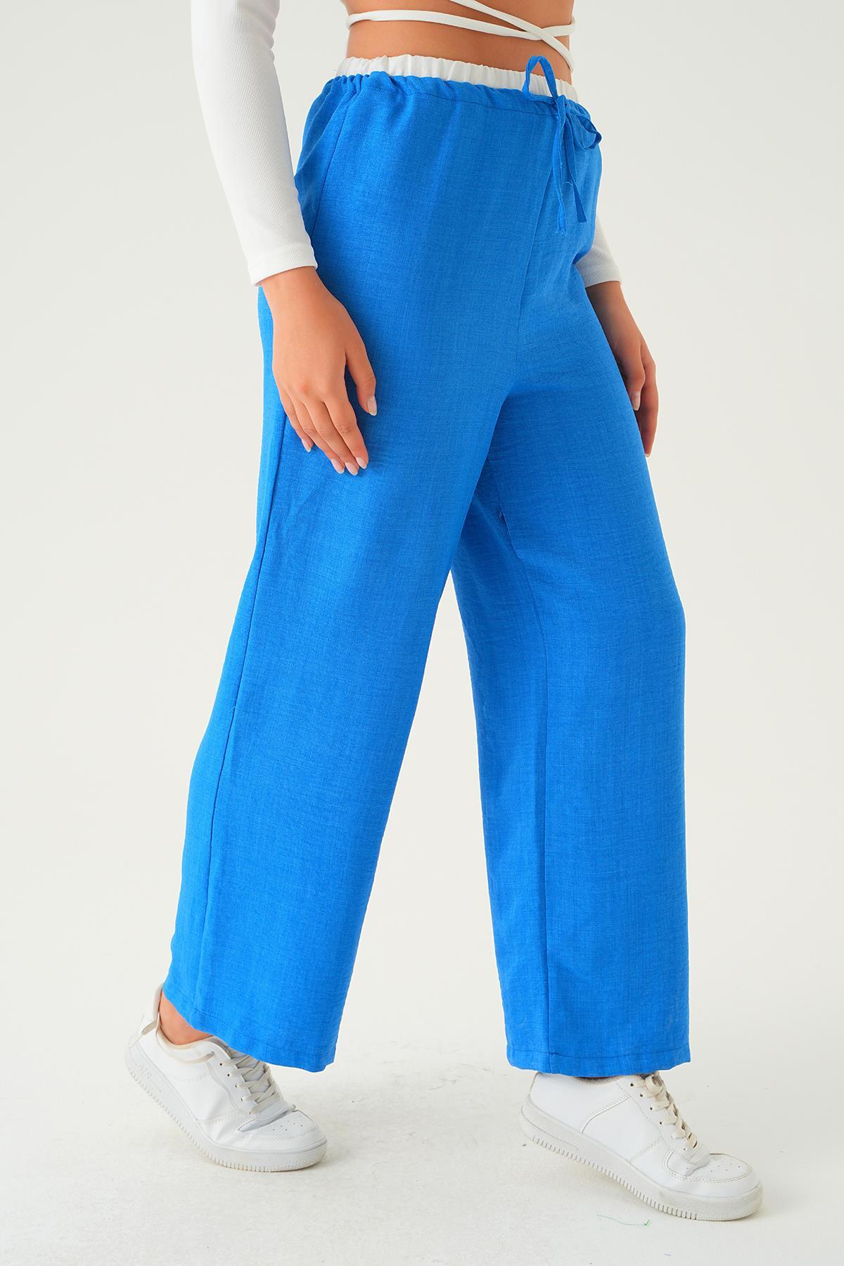 4106 Bel Bağcık Detay Pantolon Mavi - 3