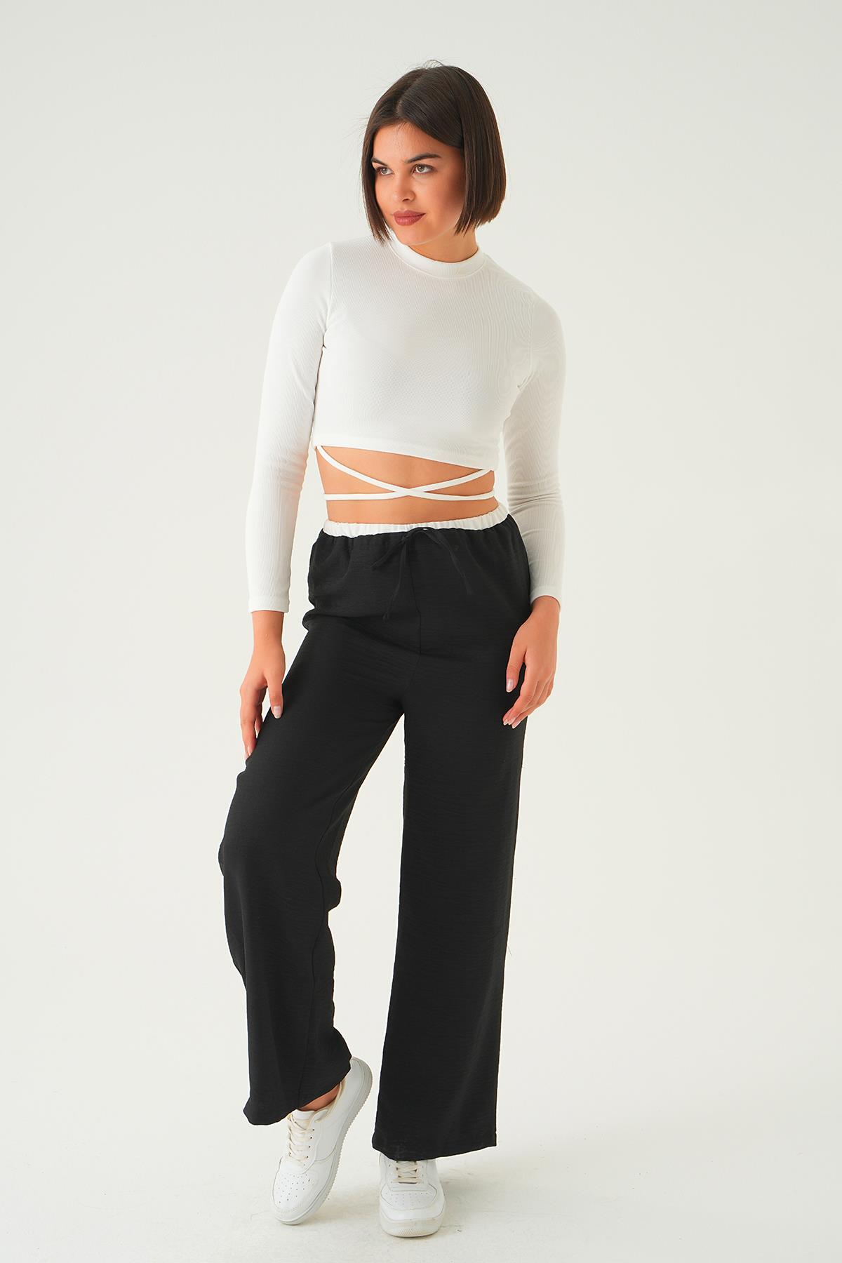 Siyah Bel Bağcık Detay Pantolon 4106A 
