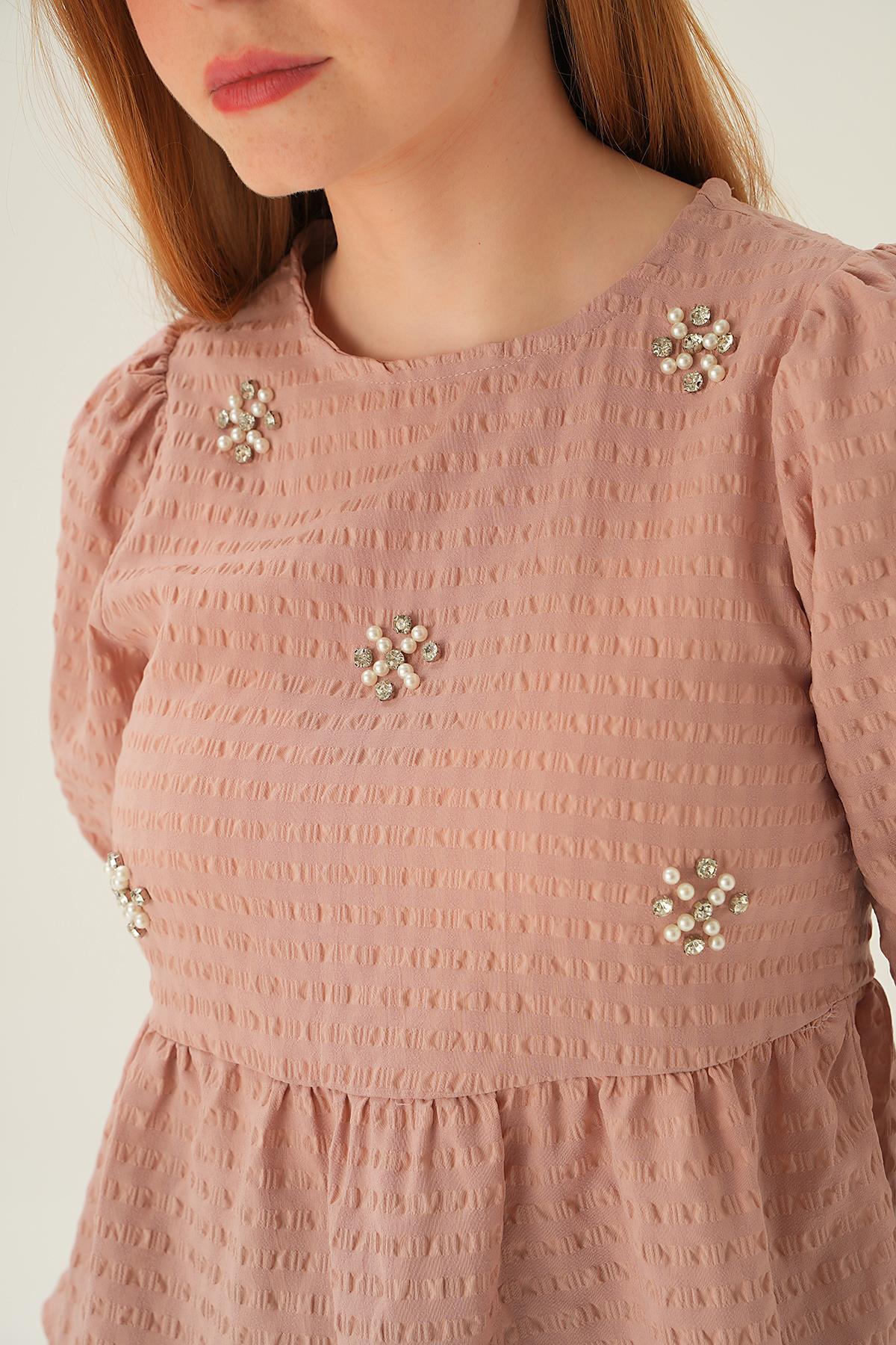 4106 Bisiklet Yaka Bluz Camel - 2