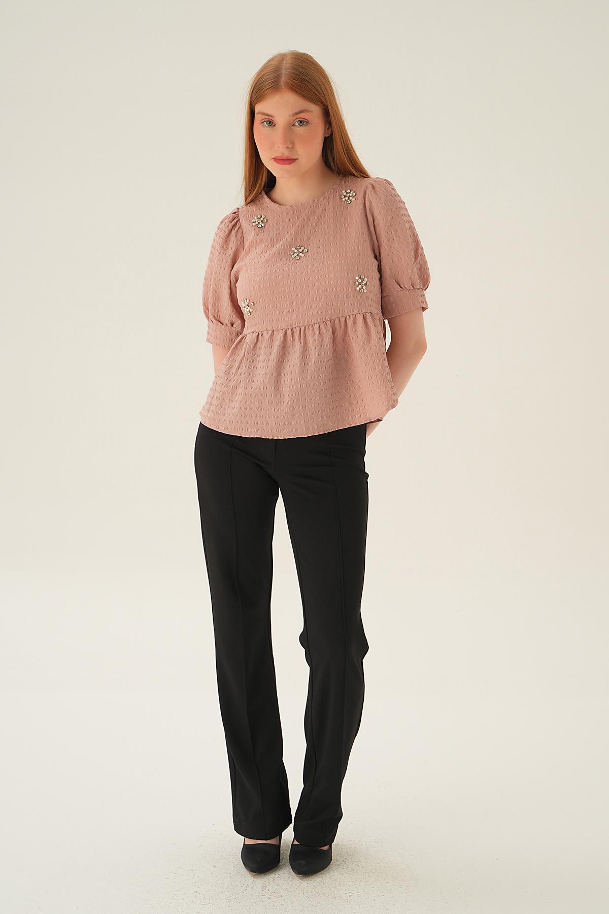 4106 Bisiklet Yaka Bluz Camel - 3