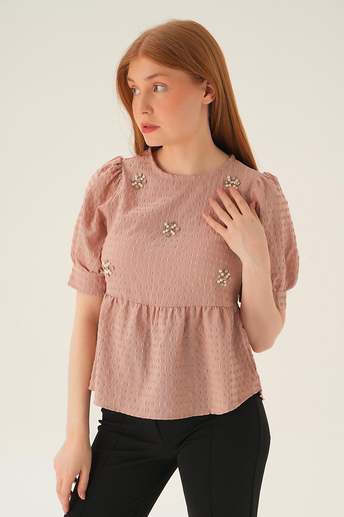 4106 Bisiklet Yaka Bluz Camel - 5