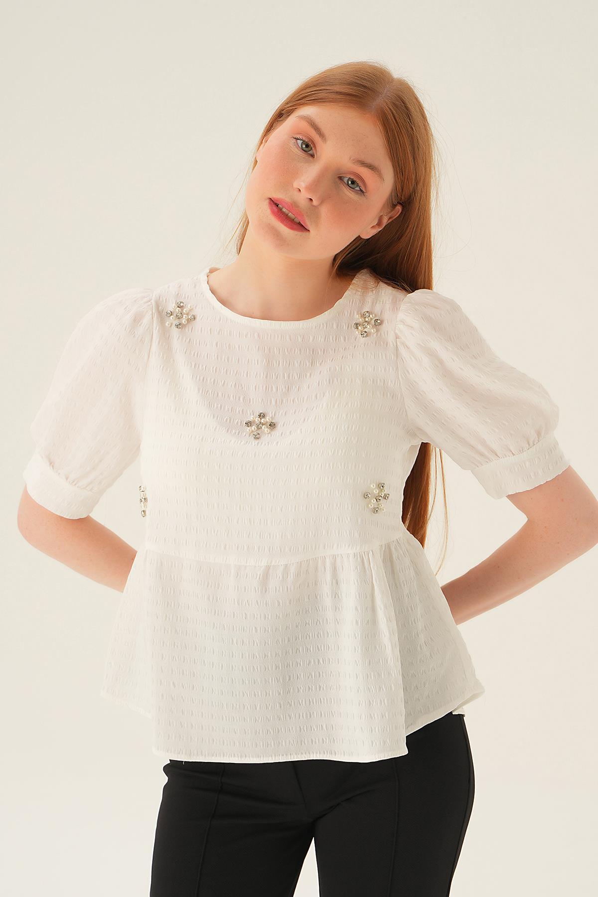 4106 Bisiklet Yaka Bluz Krem - 1