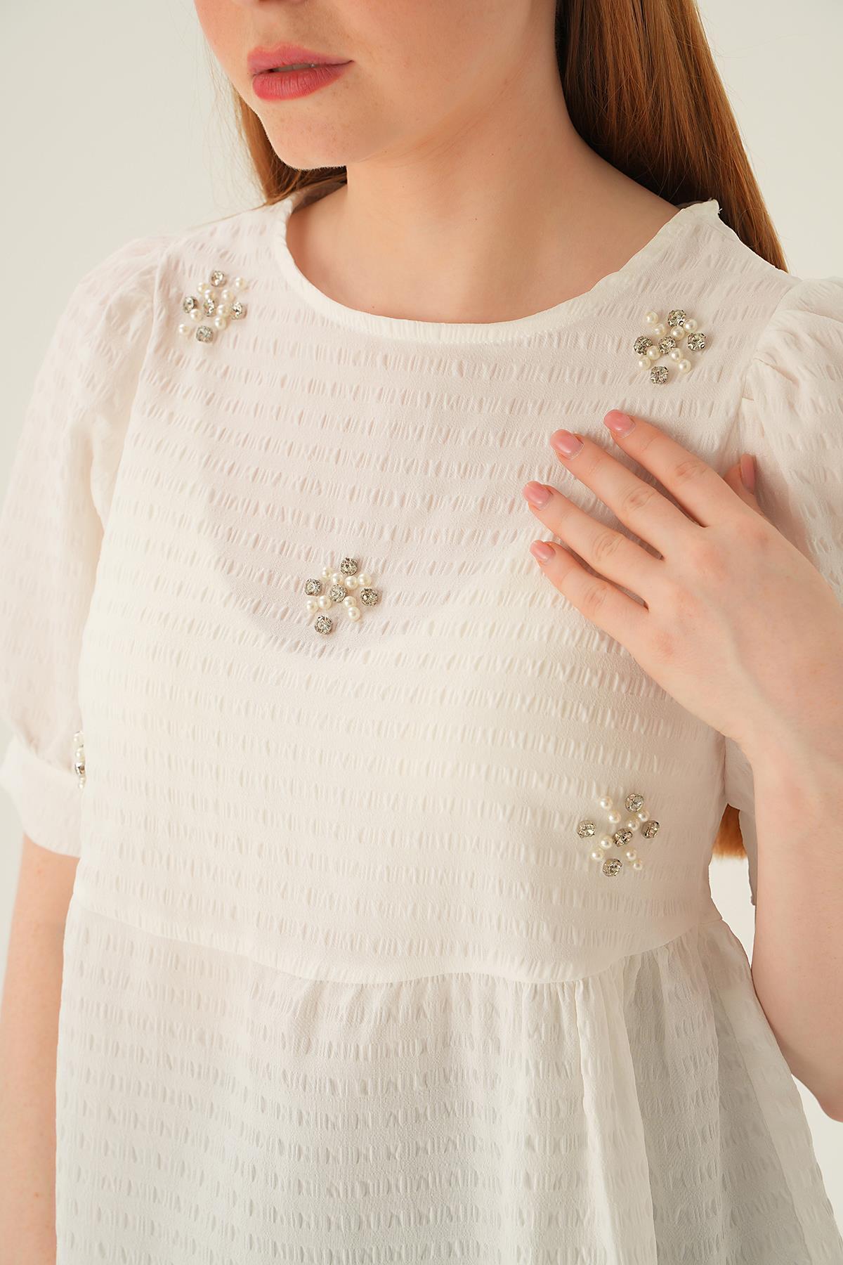 Krem Bisiklet Yaka Bluz 4106 - 2