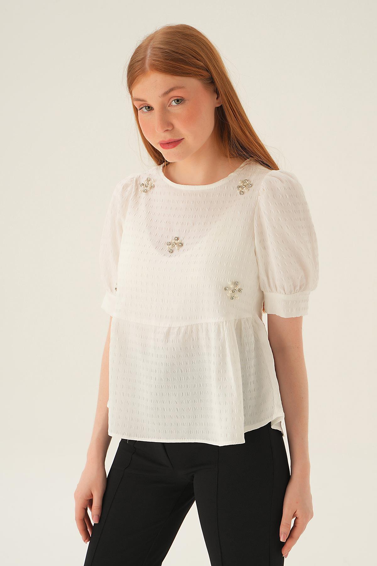 Krem Bisiklet Yaka Bluz 4106 - 3