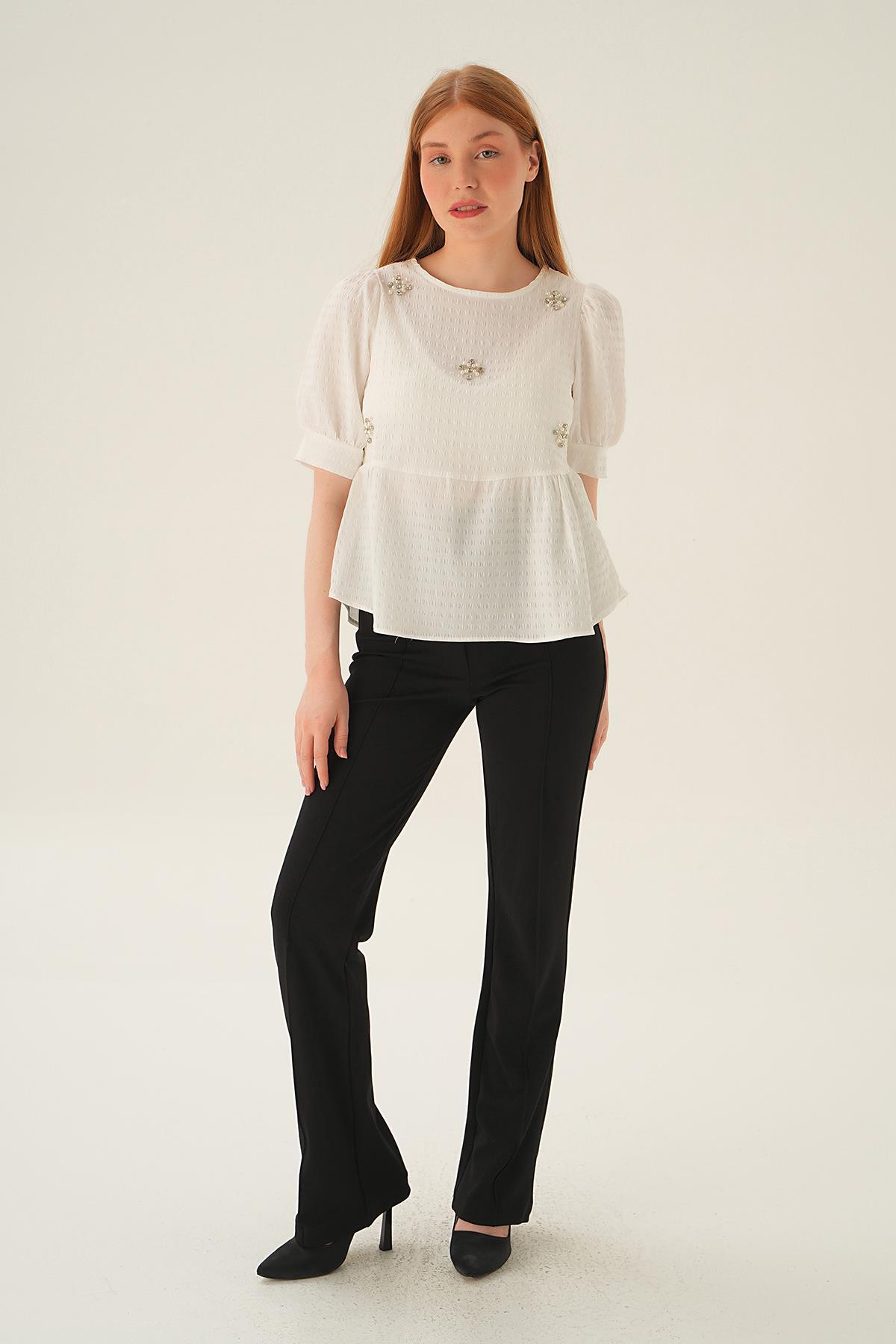 Krem Bisiklet Yaka Bluz 4106 - 5