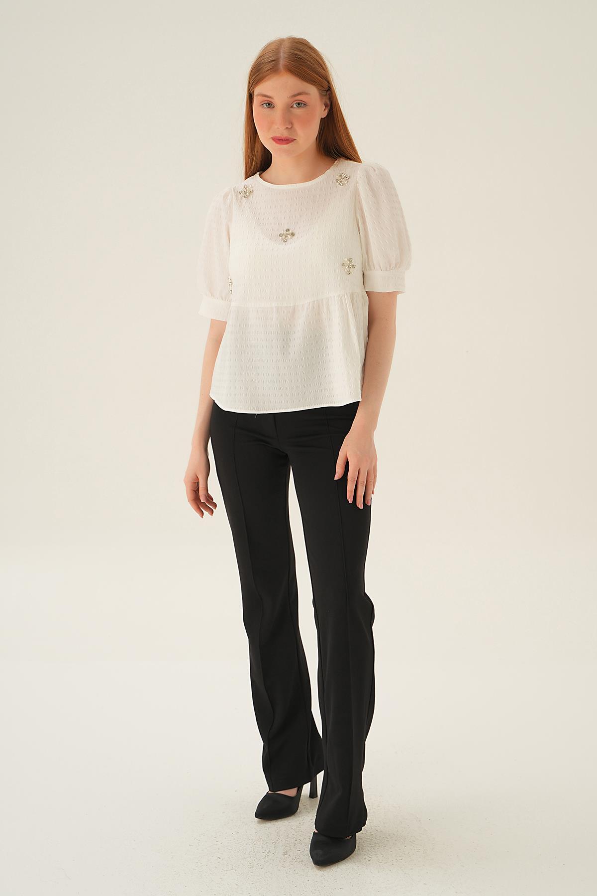 Krem Bisiklet Yaka Bluz 4106 - 6