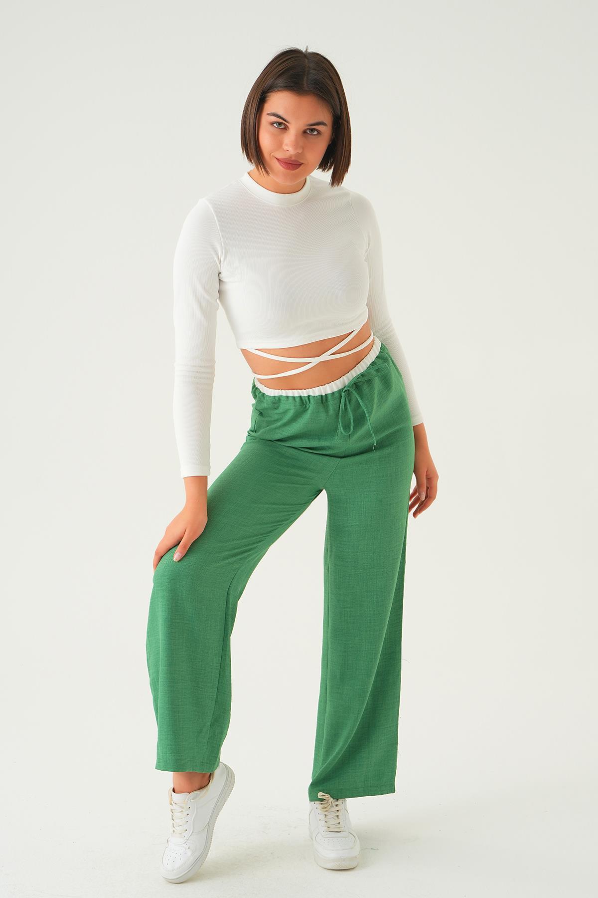 Yeşil Bel Bağcık Detay Pantolon 4106A - 6