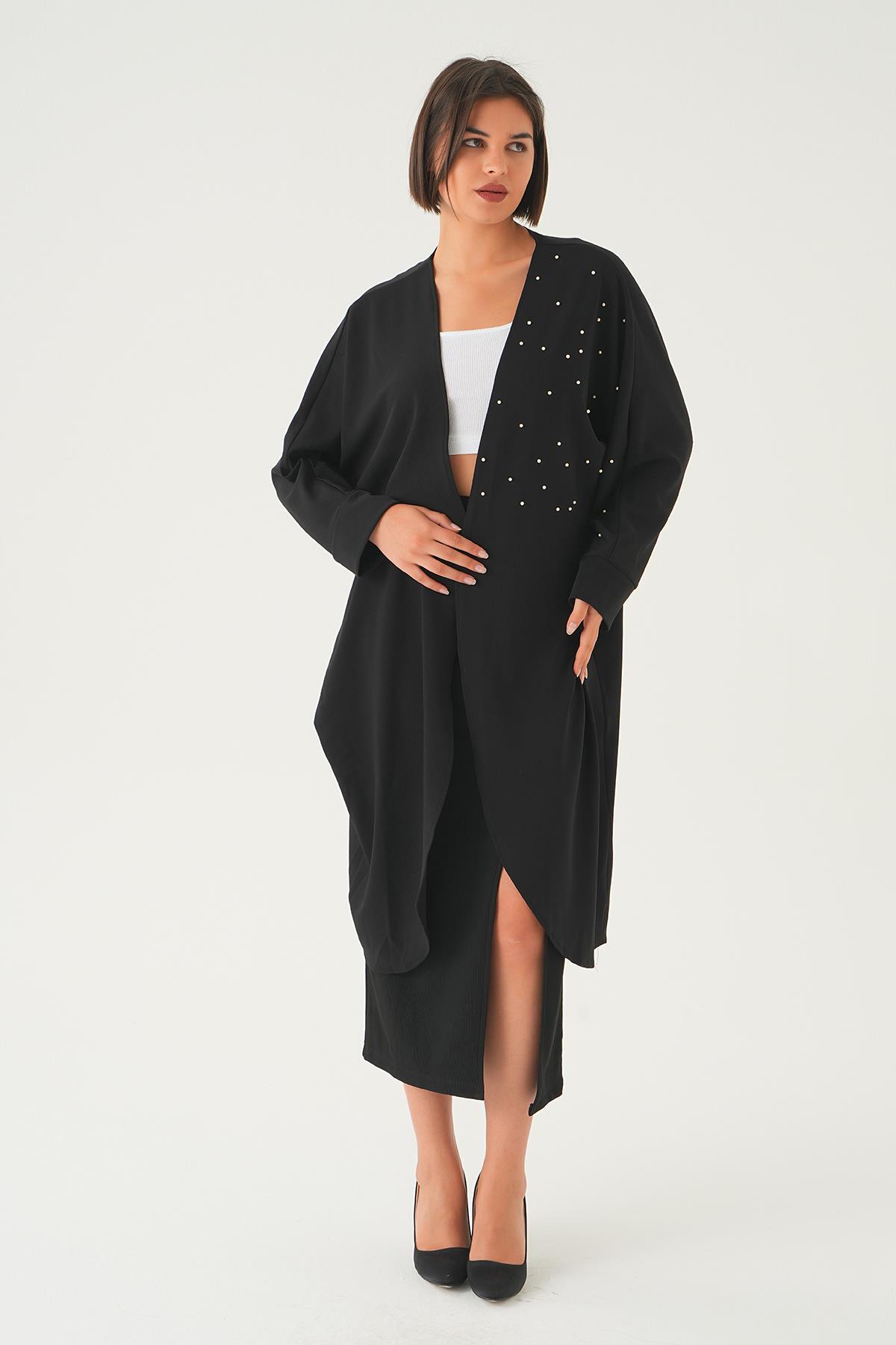 Siyah Taş Detay Uzun Kimono 4107A - 3