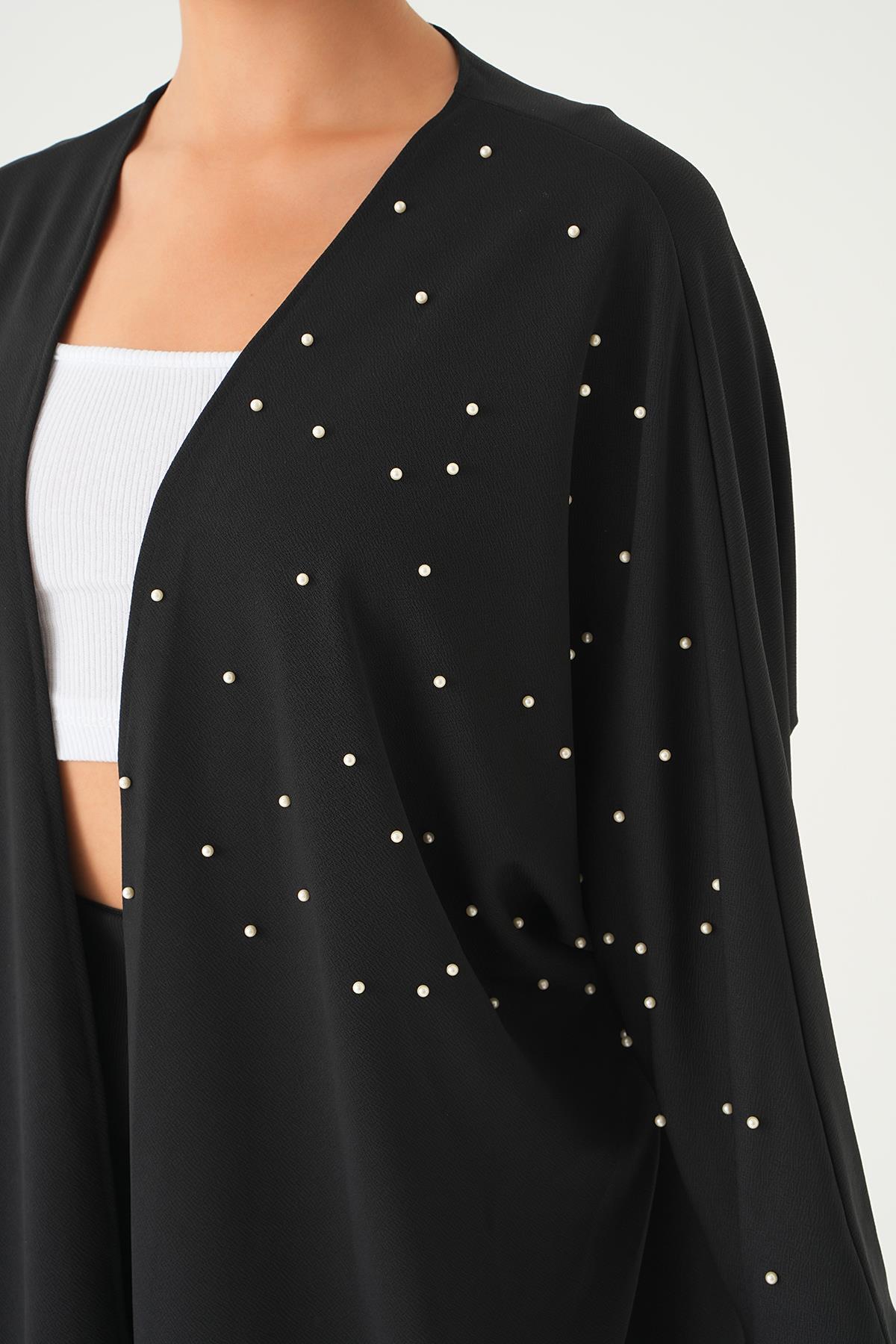 Siyah Taş Detay Uzun Kimono 4107A - 6