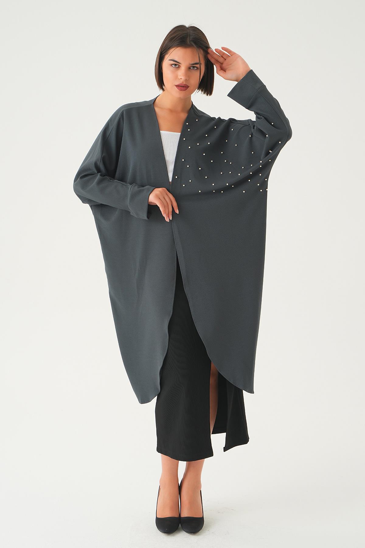 Füme Taş Detay Uzun Kimono 4107A - 1