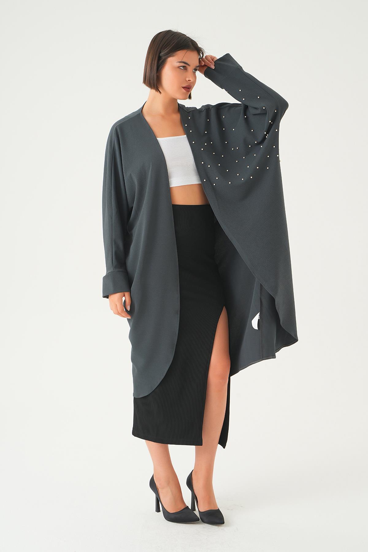 Füme Taş Detay Uzun Kimono 4107A - 4