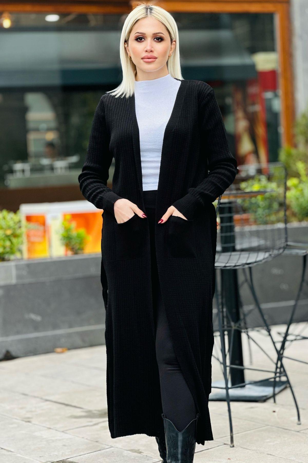 4120 Cepli Kemerli Hırka Siyah - 1