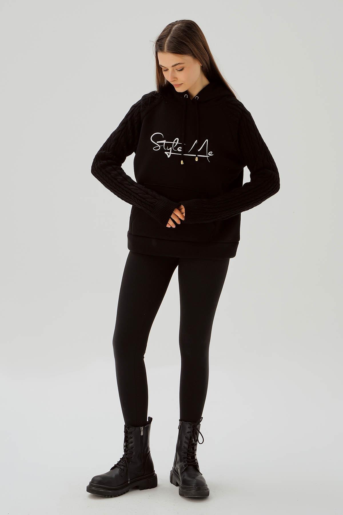 Siyah Kanguru Cep Kol Detay Sweat 4125 - 3