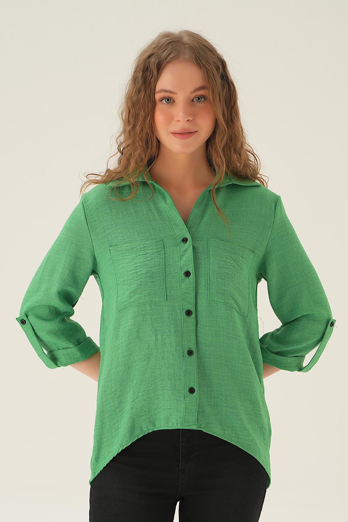 Benetton Yeşili Kol Katlamalı Çift Cep Gömlek 4132A - 1