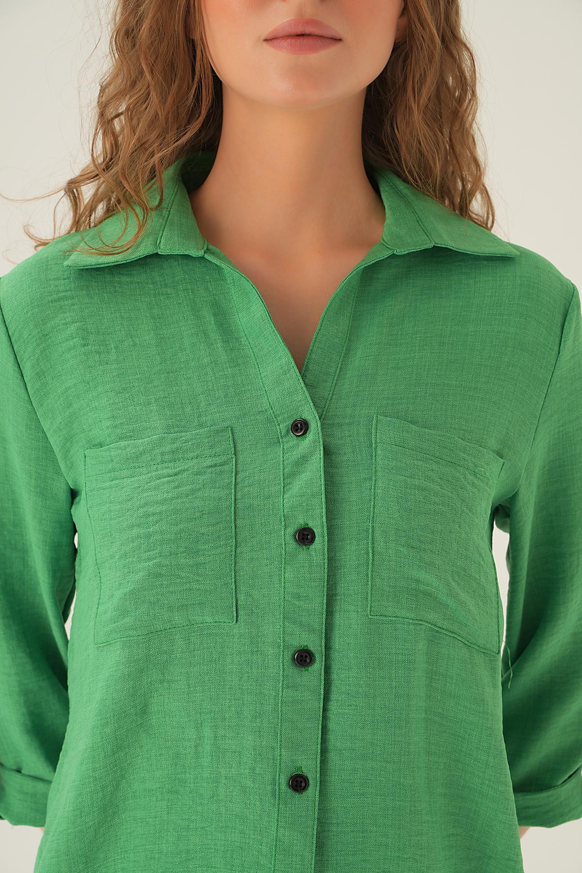 Benetton Yeşili Kol Katlamalı Çift Cep Gömlek 4132A - 2