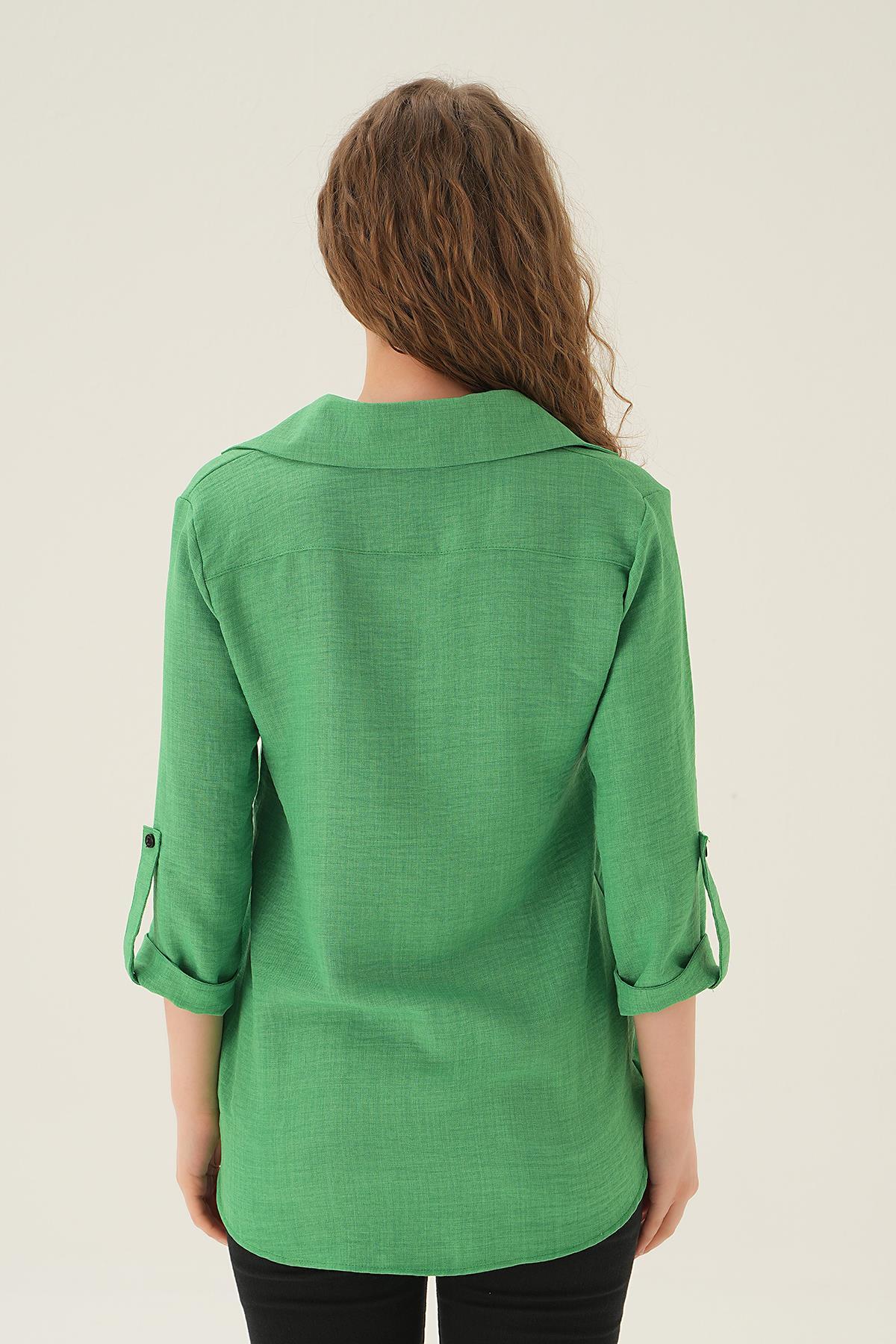 Benetton Yeşili Kol Katlamalı Çift Cep Gömlek 4132A - 3