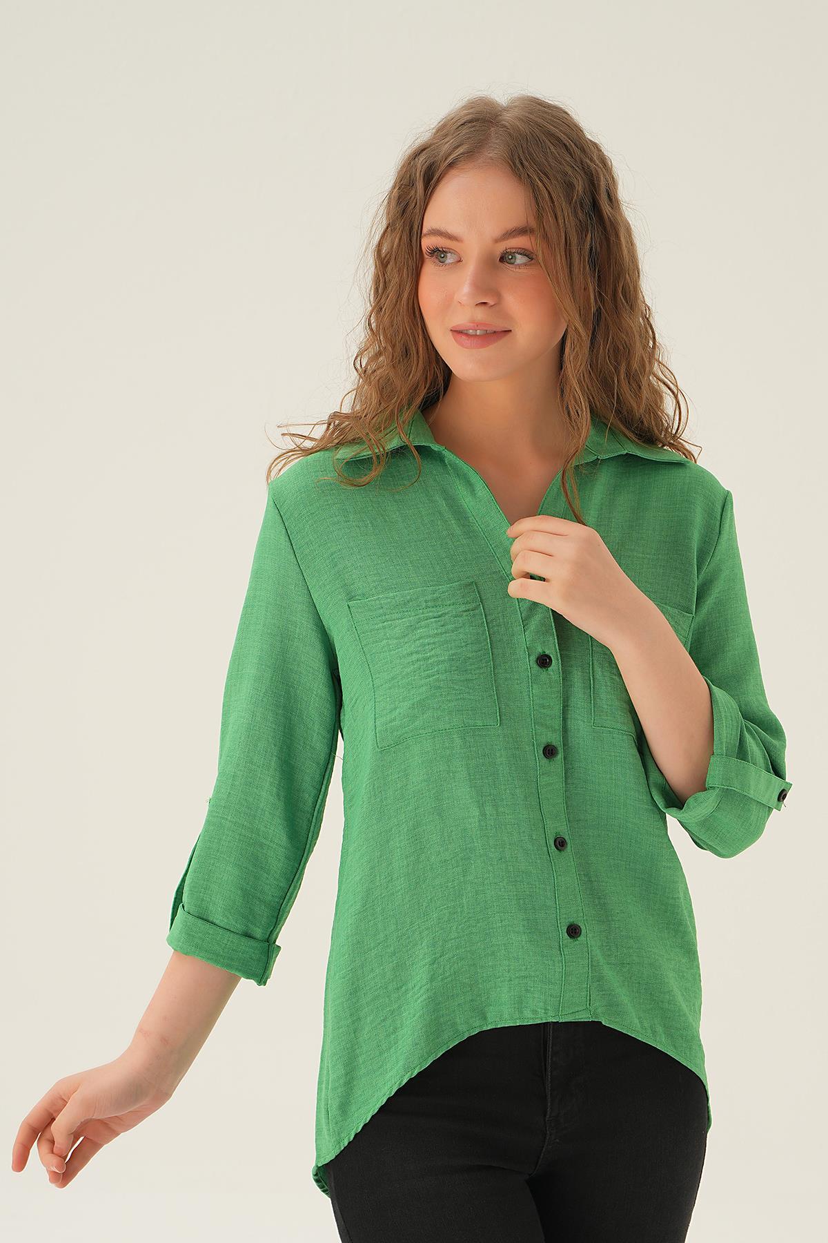 Benetton Yeşili Kol Katlamalı Çift Cep Gömlek 4132A - 4