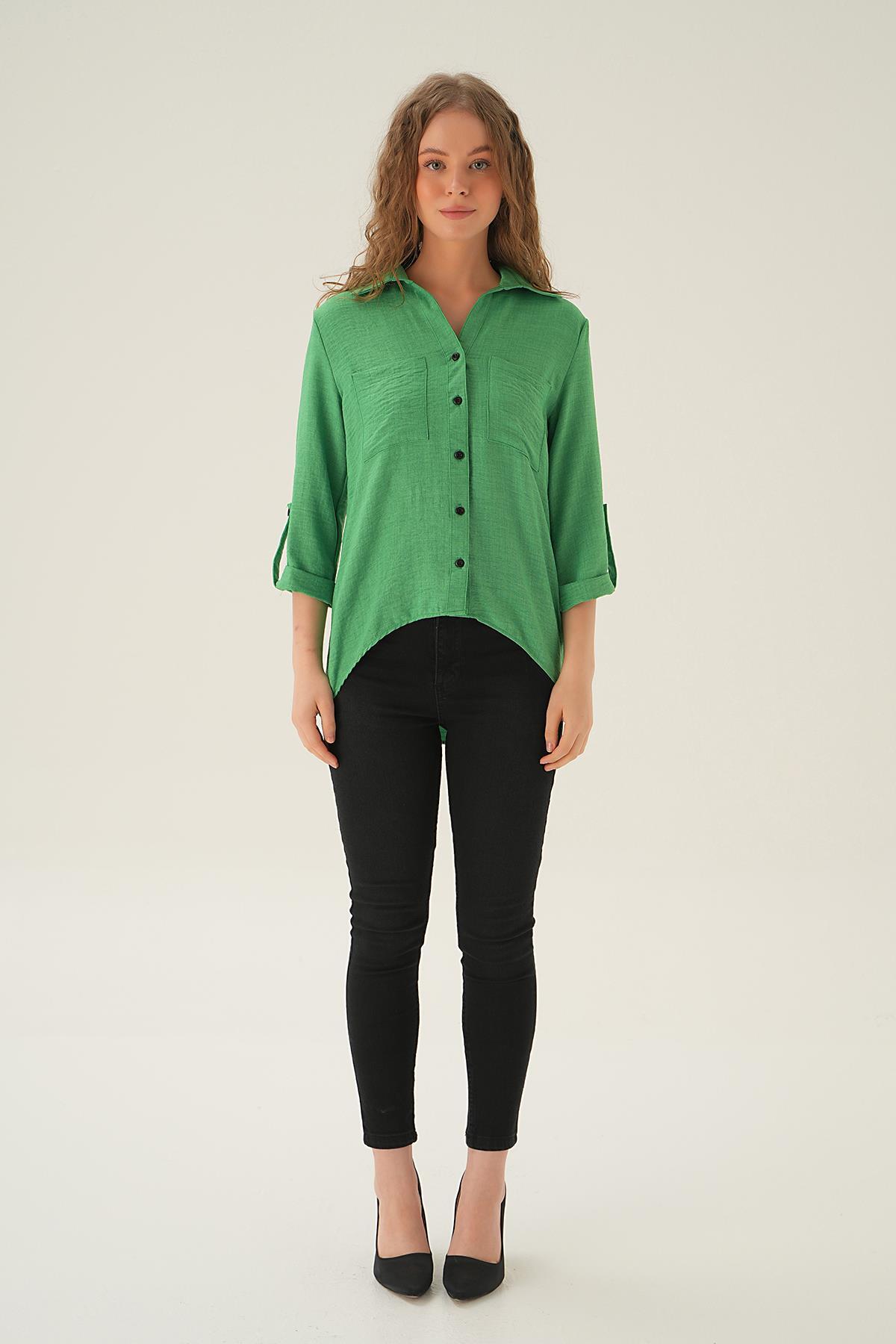 Benetton Yeşili Kol Katlamalı Çift Cep Gömlek 4132A - 5