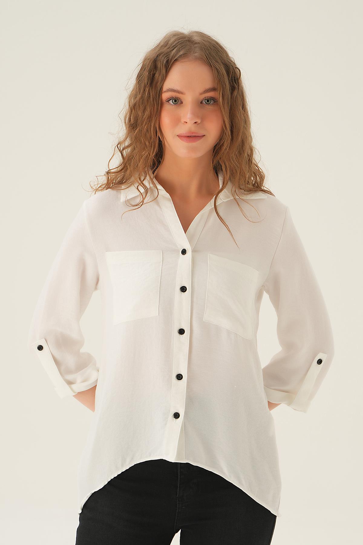 4132A Kol Katlamalı Çift Cep Gömek Ekru 