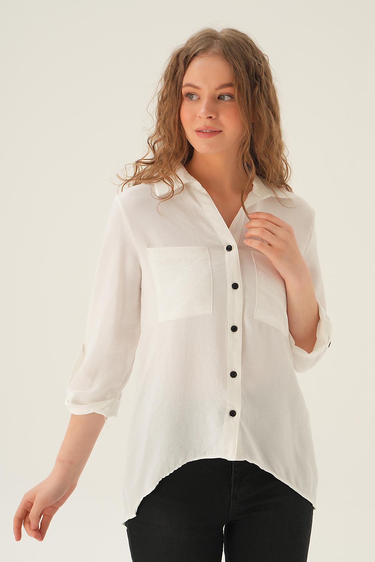 4132A Kol Katlamalı Çift Cep Gömek Ekru - 3