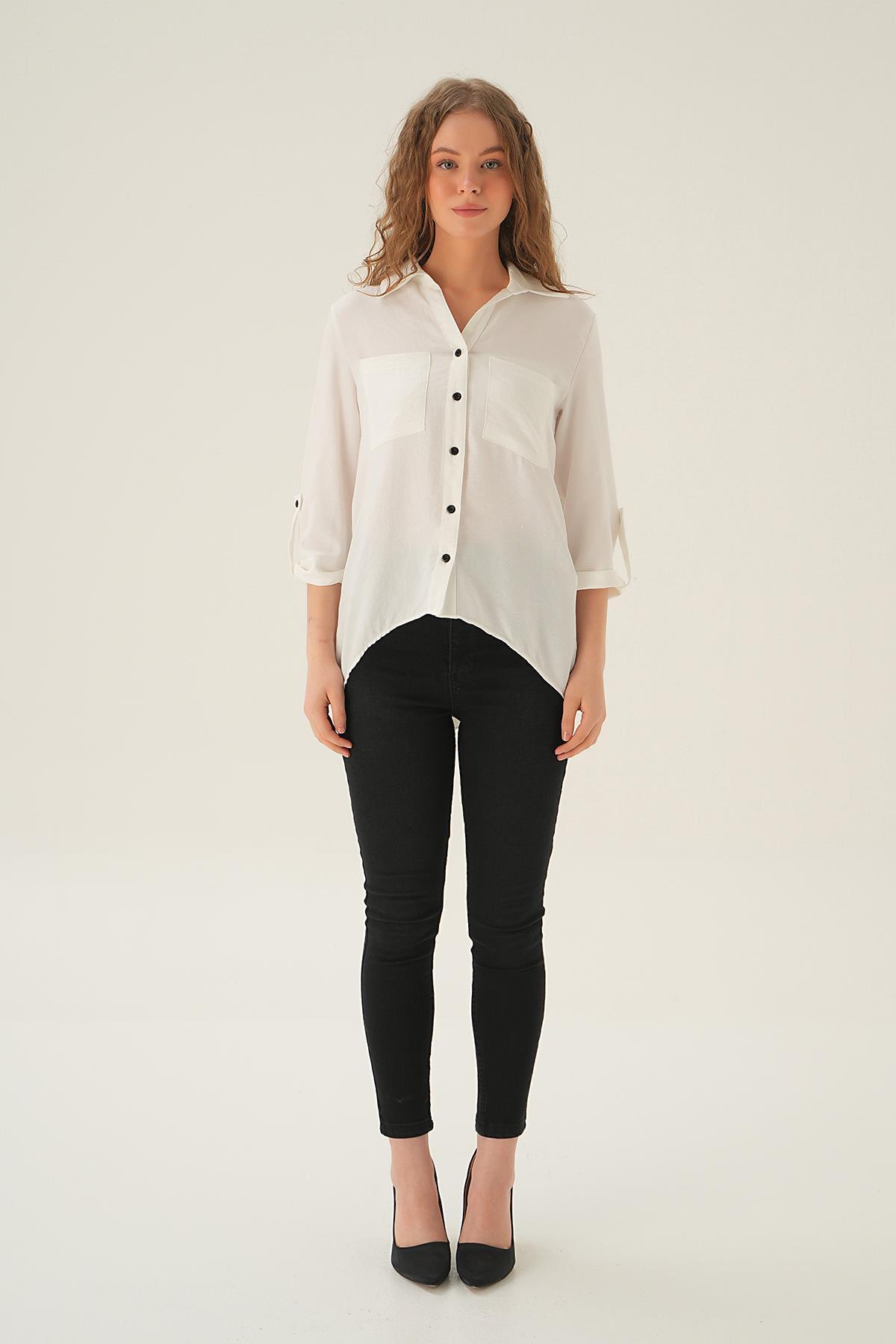 4132A Kol Katlamalı Çift Cep Gömek Ekru - 6