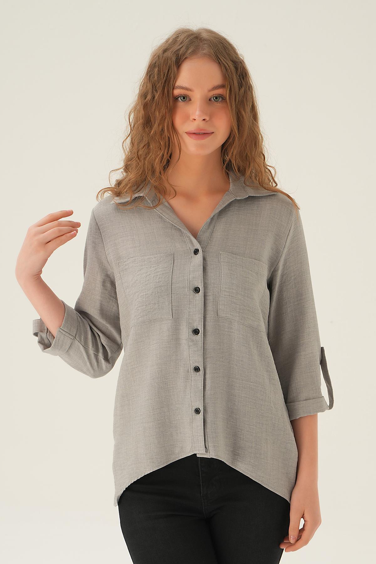 Gri Kol Katlamalı Çift Cep Gömlek 4132A - 1