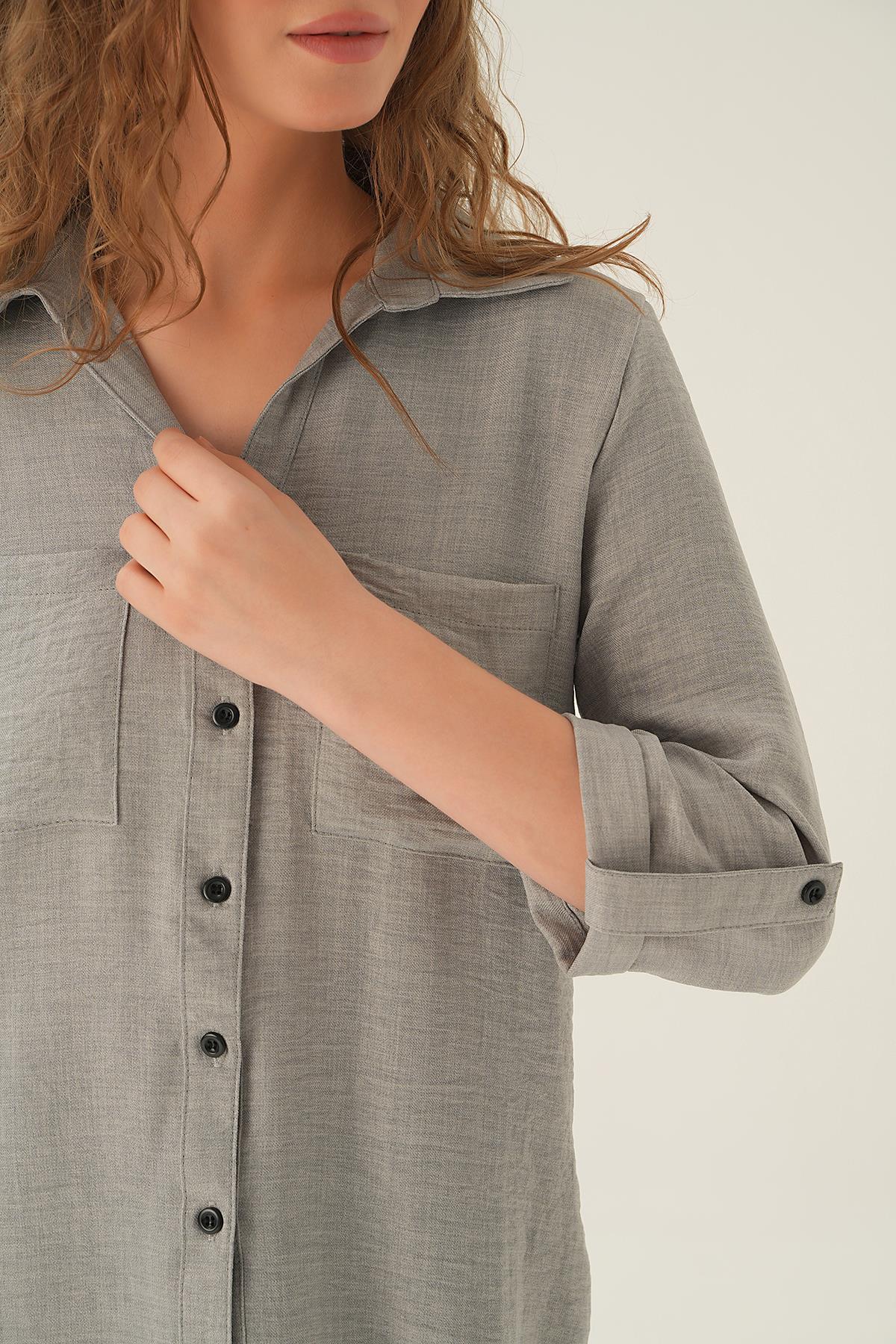 Gri Kol Katlamalı Çift Cep Gömlek 4132A - 2