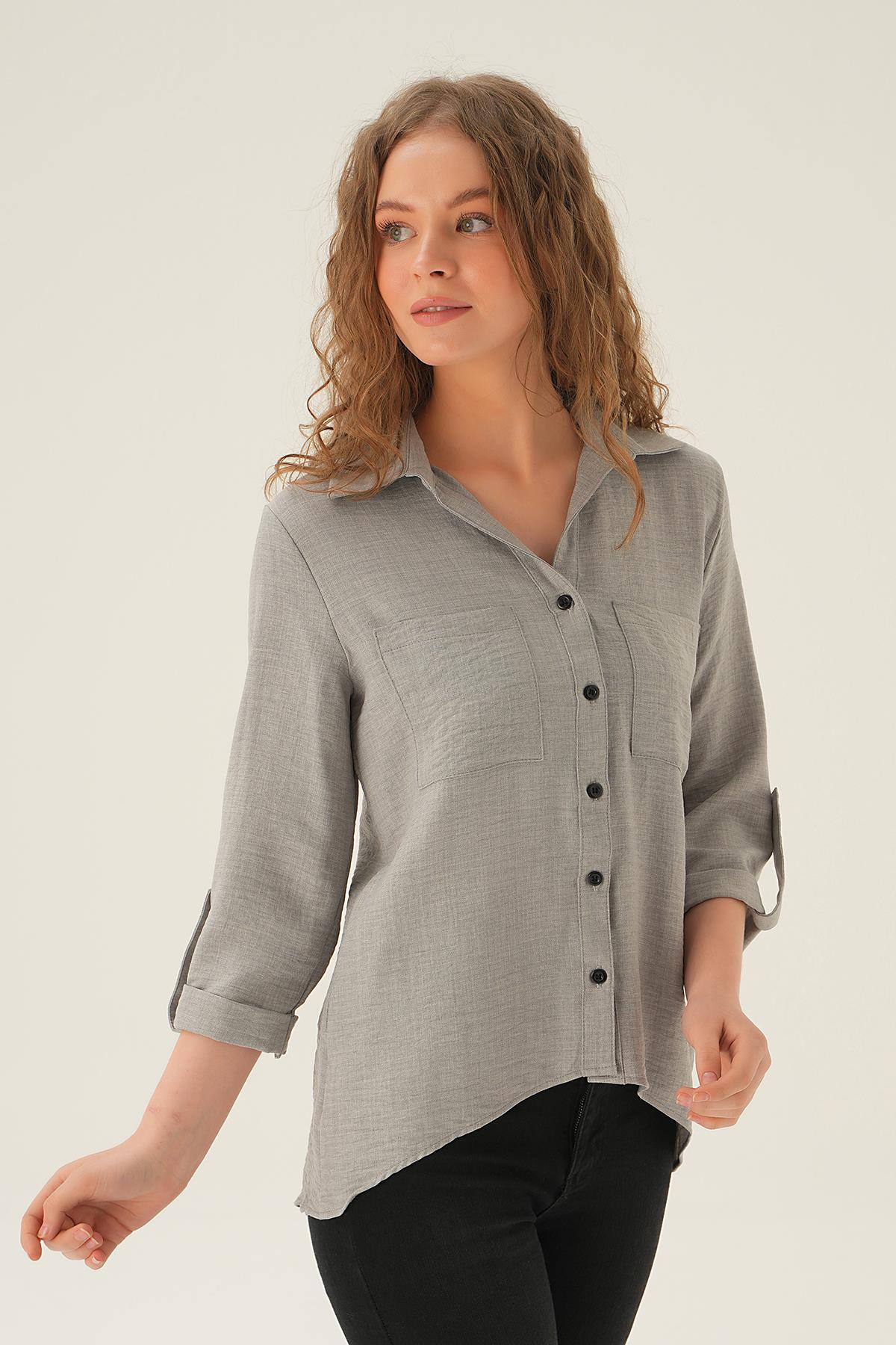 Gri Kol Katlamalı Çift Cep Gömlek 4132A - 3