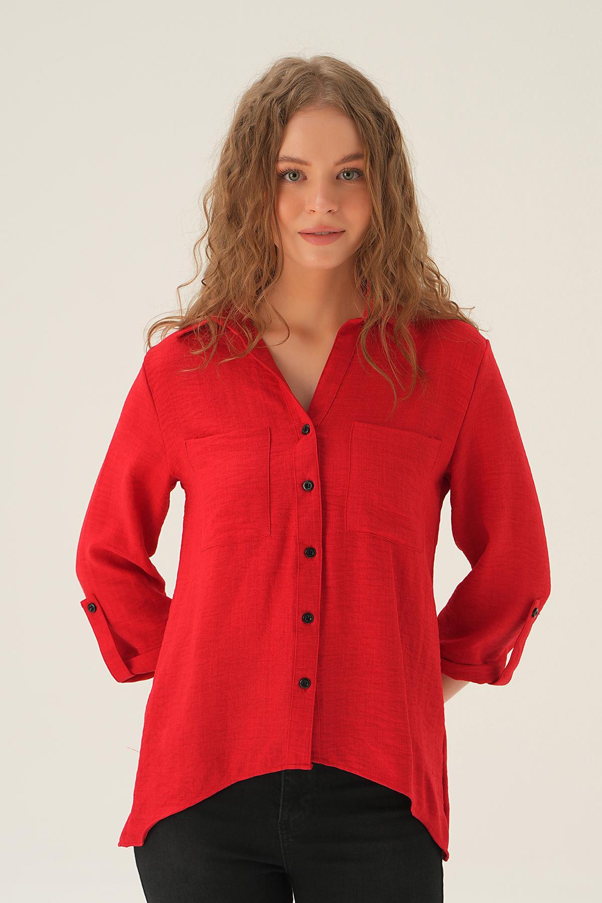 4132A Kol Katlamalı Çift Cep Gömek Kırmızı 