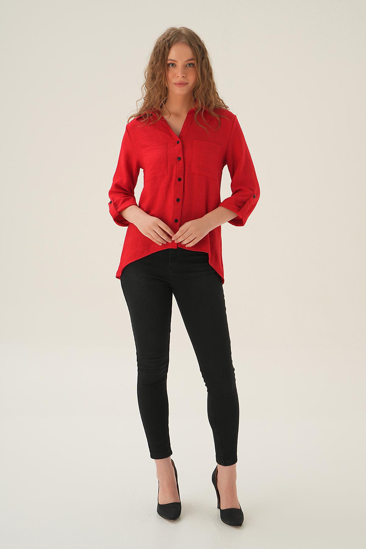 4132A Kol Katlamalı Çift Cep Gömek Kırmızı - 5