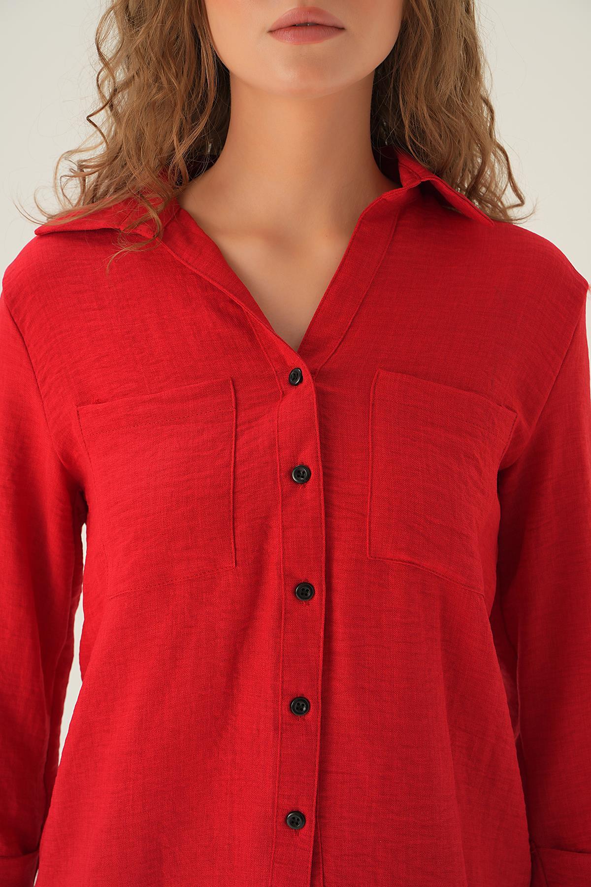 Kırmızı Kol Katlamalı Çift Cep Gömlek 4132A - 2
