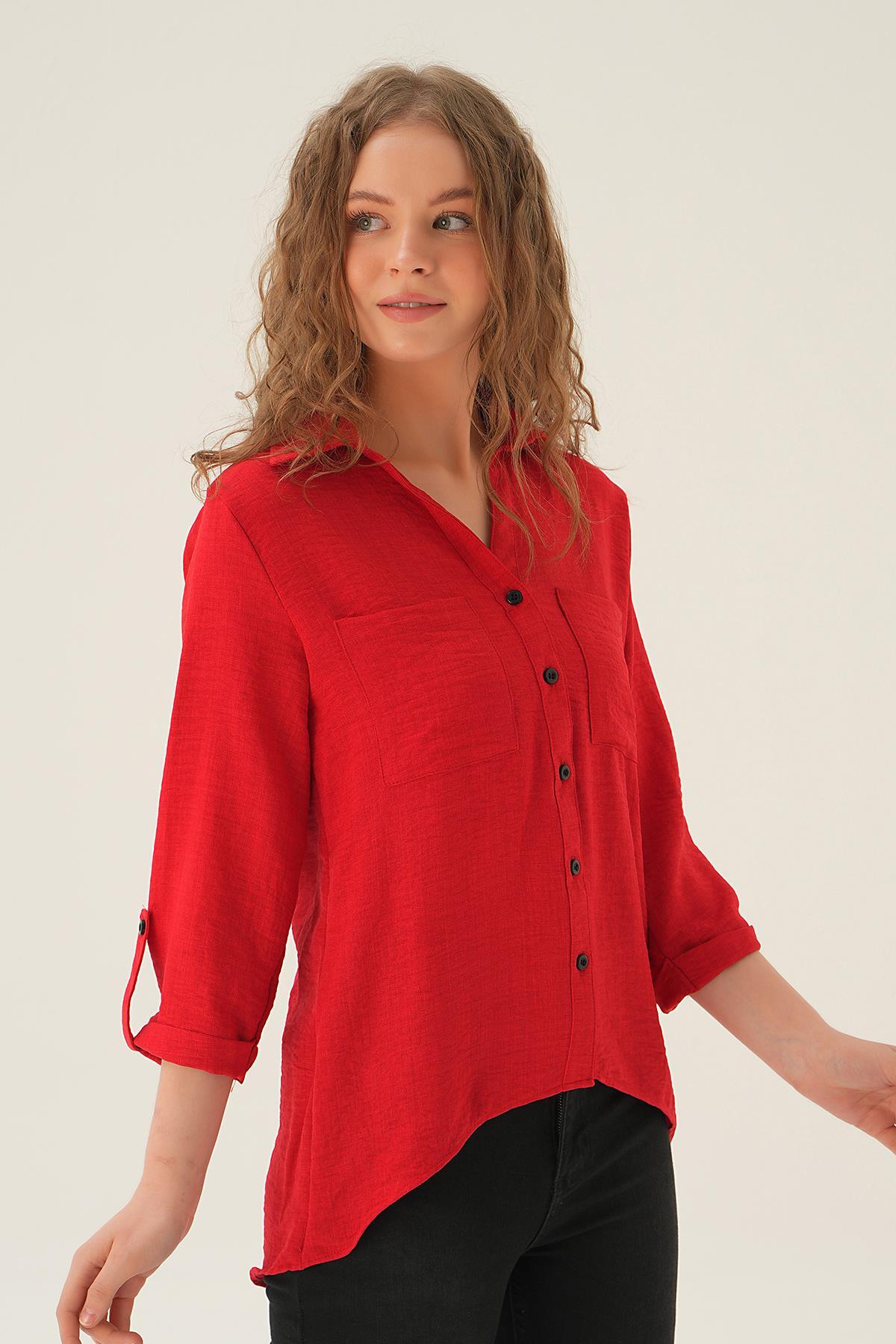 Kırmızı Kol Katlamalı Çift Cep Gömlek 4132A - 3