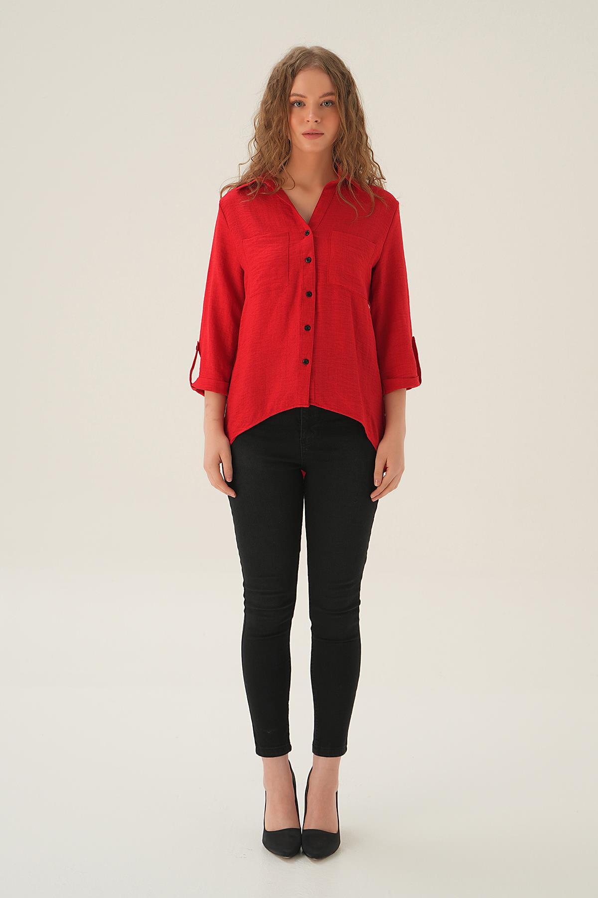Kırmızı Kol Katlamalı Çift Cep Gömlek 4132A - 6