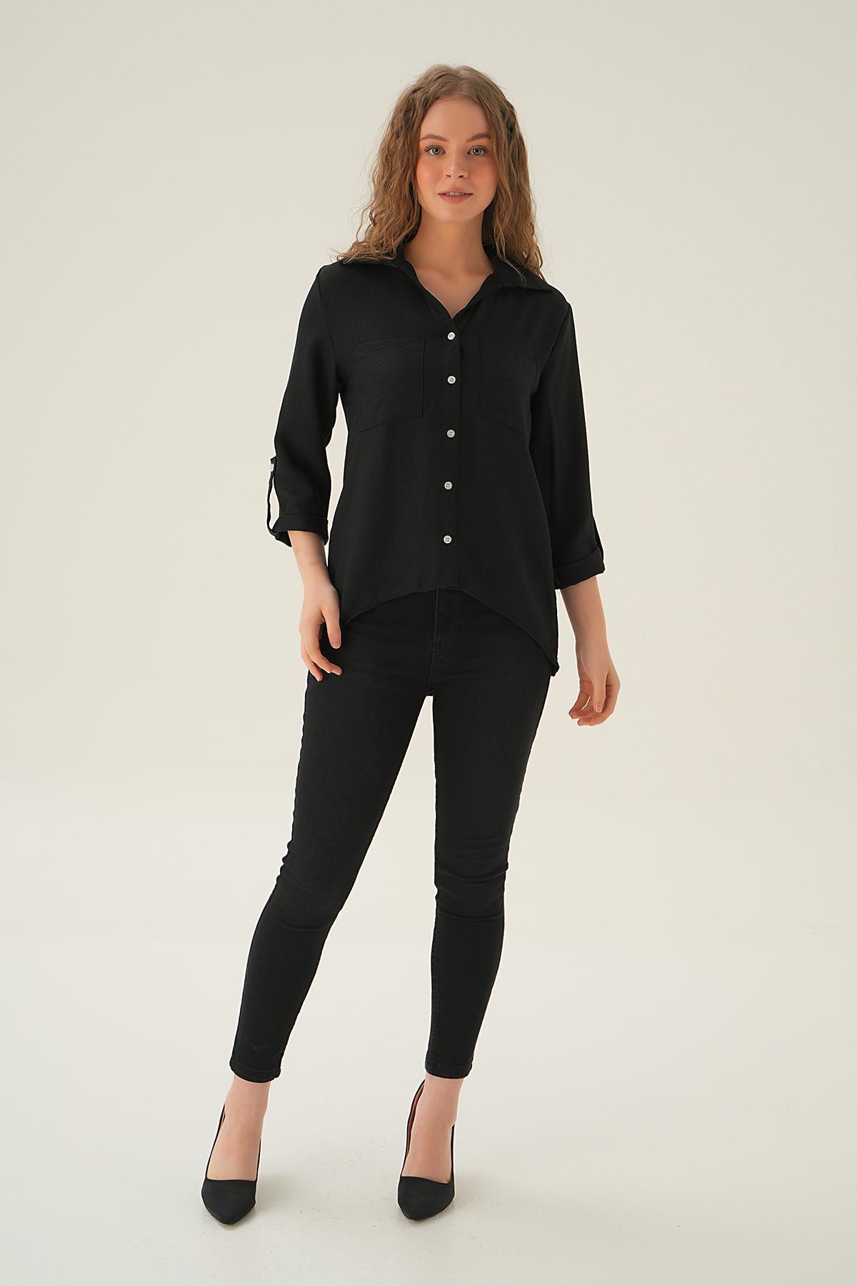 4132A Kol Katlamalı Çift Cep Gömek Siyah - 5