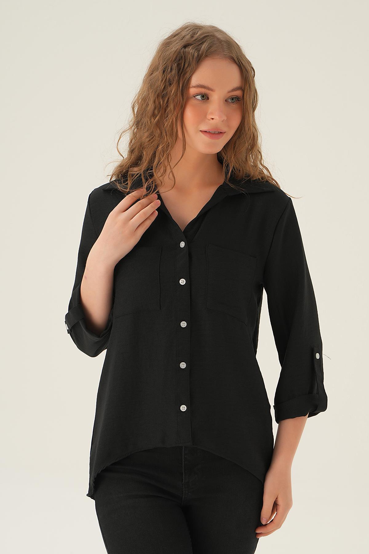 Siyah Kol Katlamalı Çift Cep Gömlek 4132A - 1