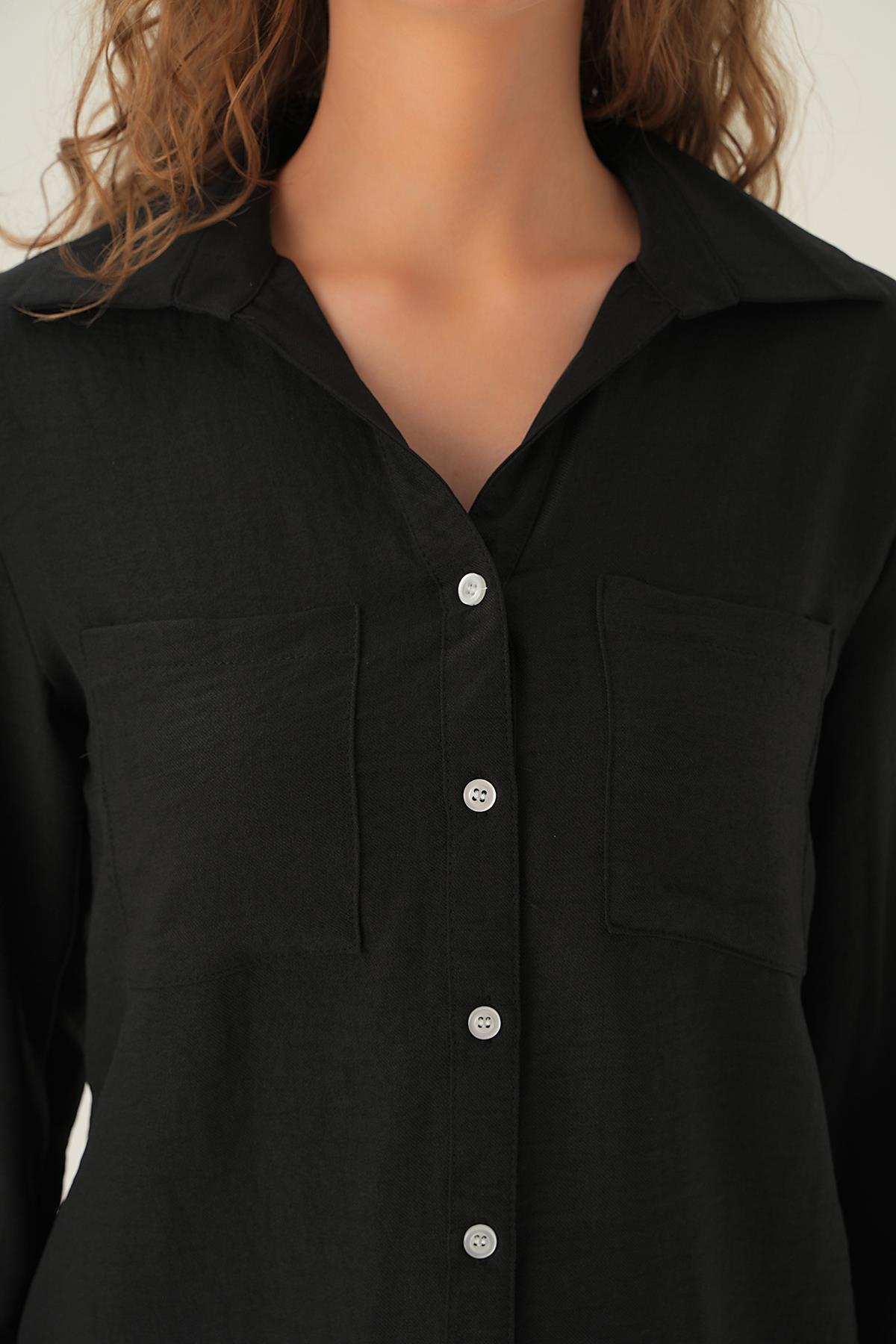 Siyah Kol Katlamalı Çift Cep Gömlek 4132A - 2