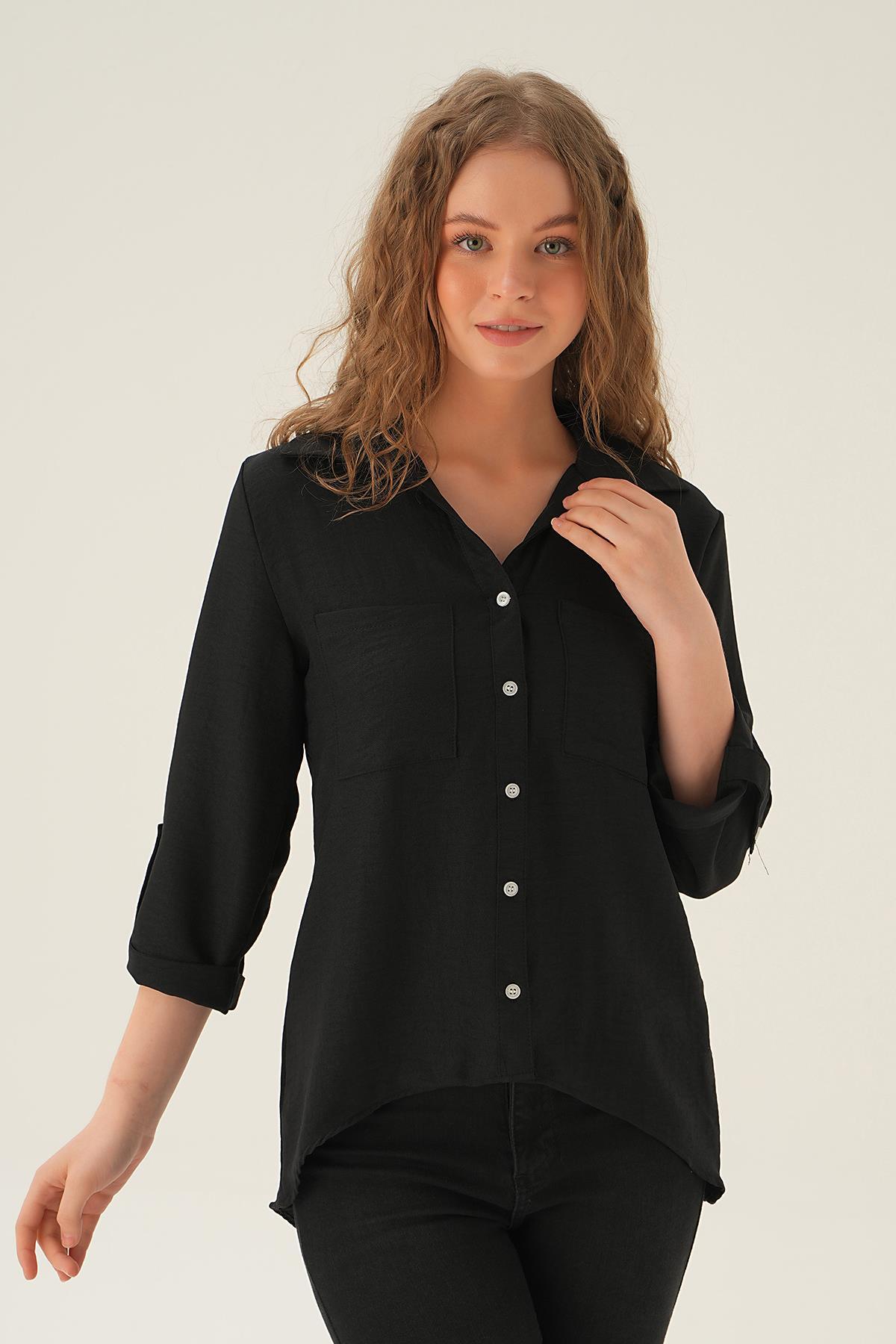 Siyah Kol Katlamalı Çift Cep Gömlek 4132A - 3