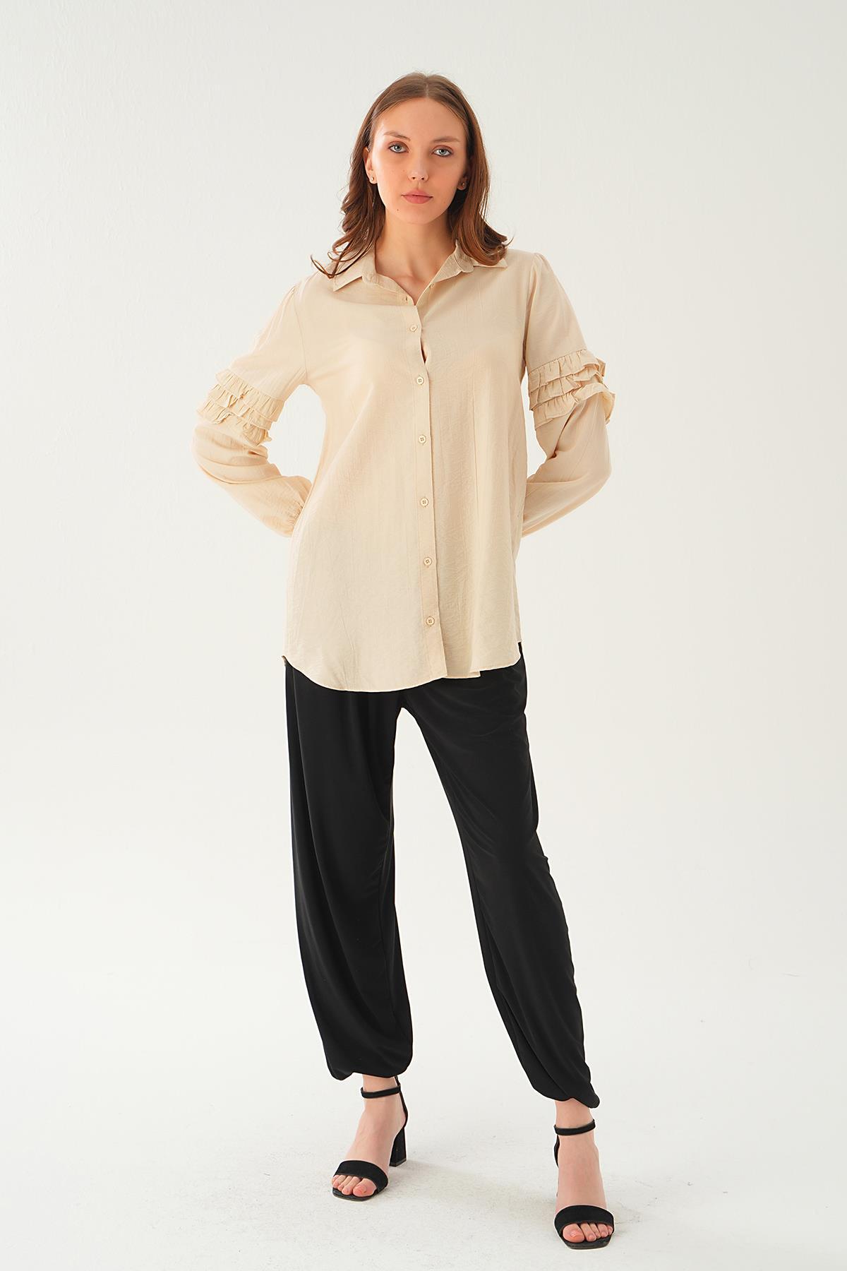 Bej Kol Fırfırlı Uzun Tunik 4136A 